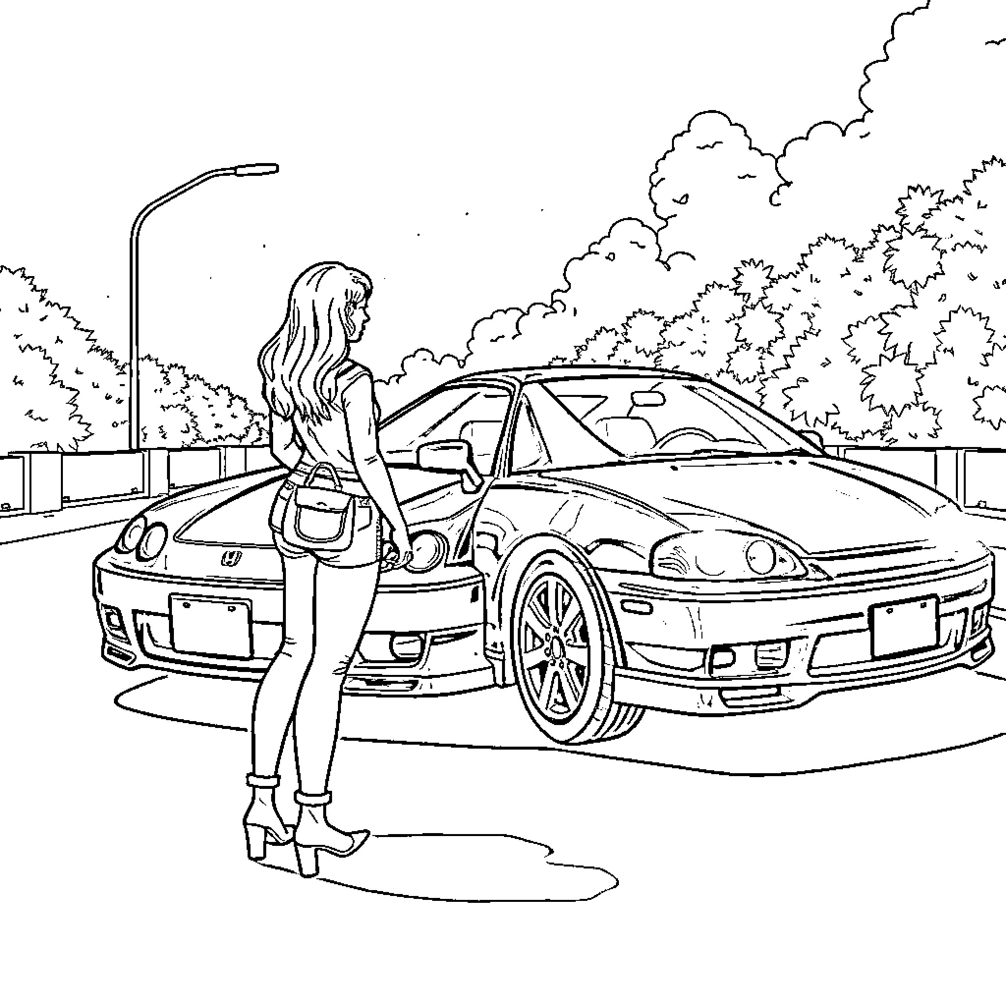 Woman examining damaged car on the street Coloring Page (free black-and-white line drawing printable PDF for all, from beginners to advanced learners, including children, teens, adults, and seniors)