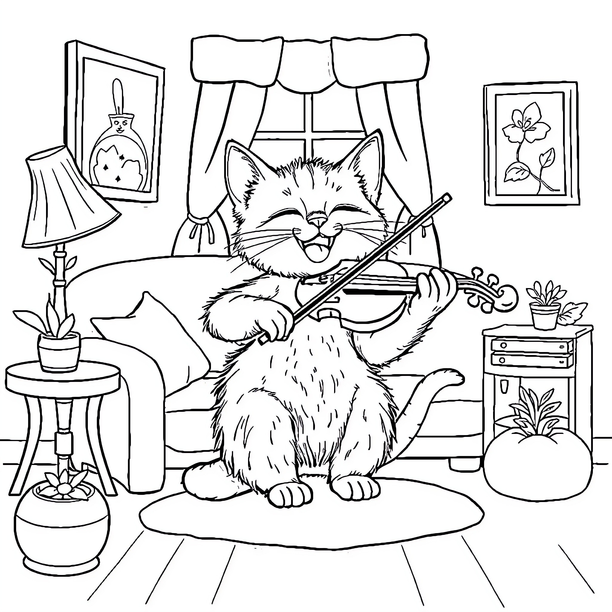 Cat playing a musical instrument in a cozy room Coloring Page (free black-and-white line drawing printable PDF for all, from beginners to advanced learners, including children, teens, adults, and seniors)