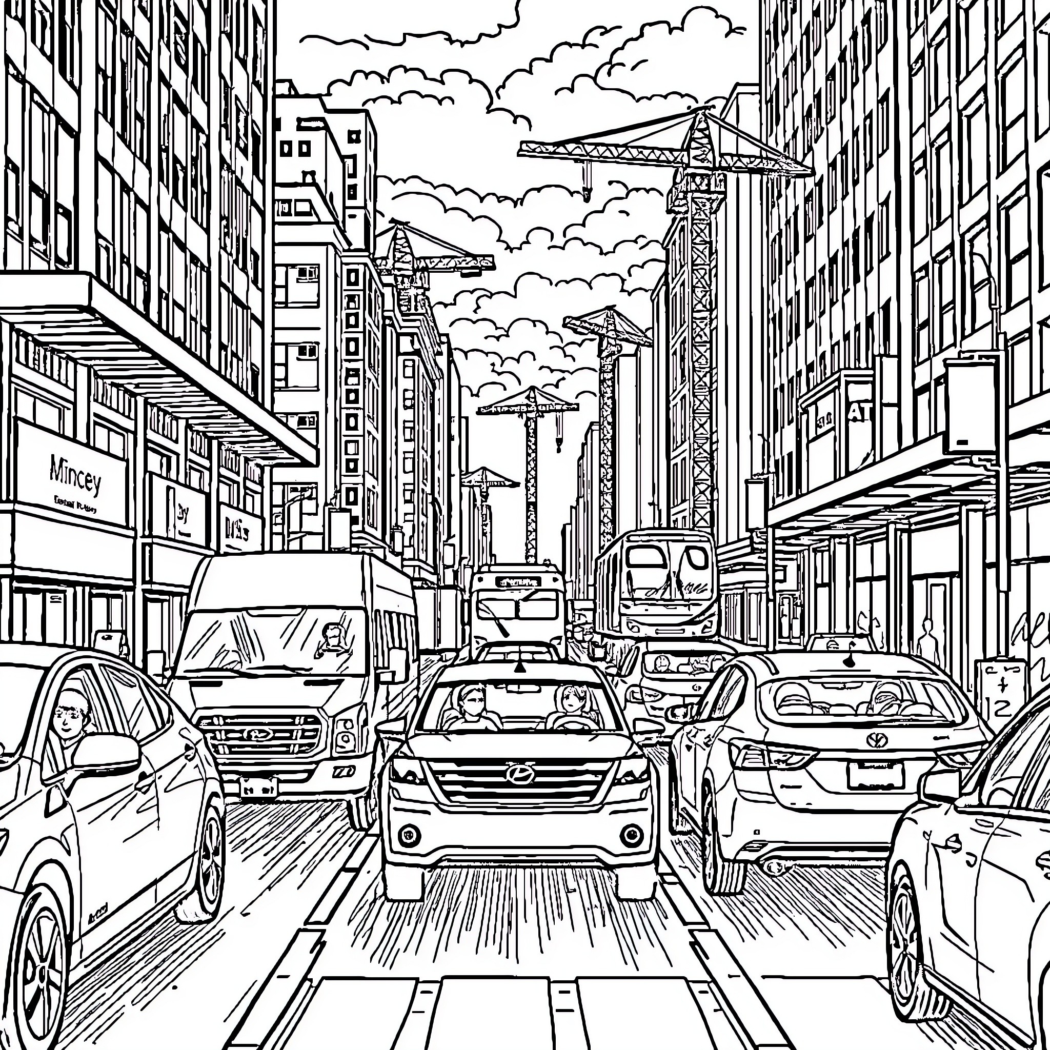 Noise Pollution in the Bustling City Streets Coloring Page (free black-and-white line drawing printable PDF for all, from beginners to advanced learners, including children, teens, adults, and seniors)