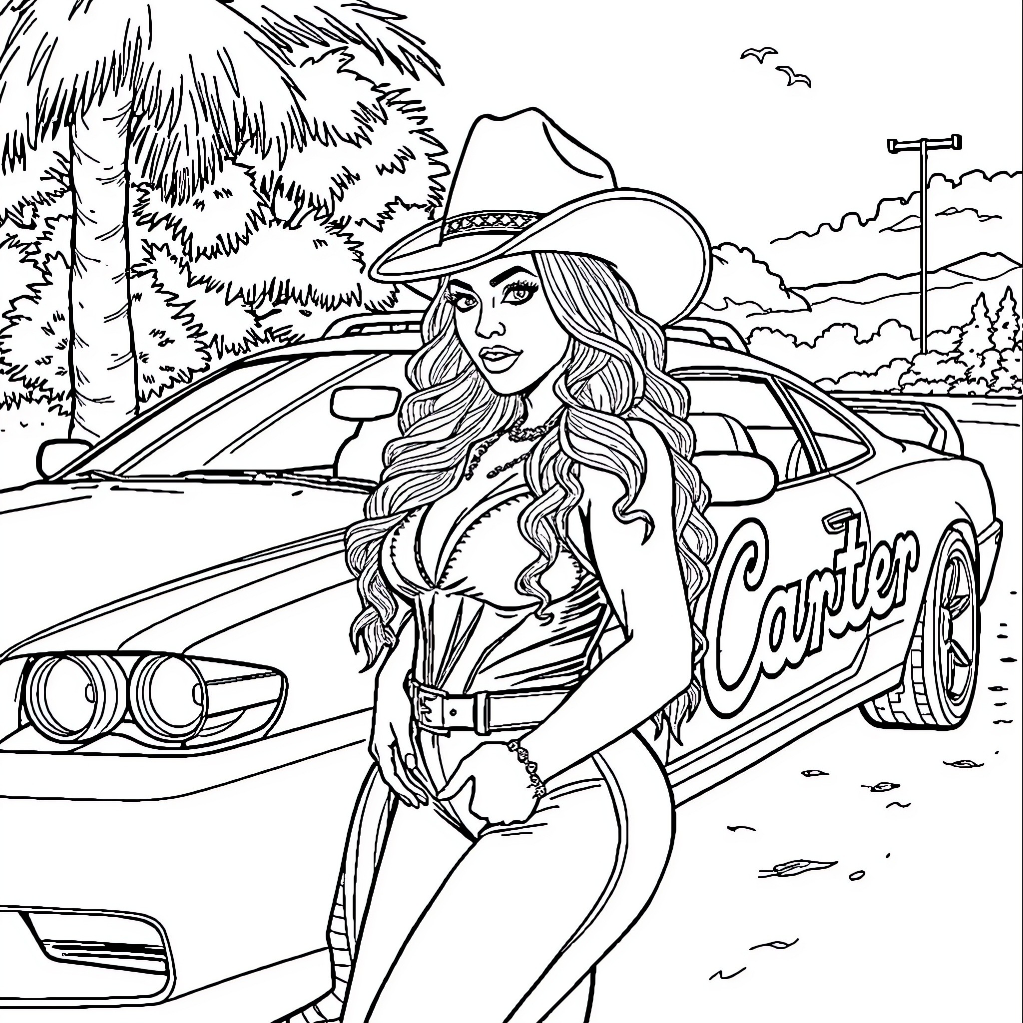 Beyonce as a Glamorous Cowgirl with Sports Car Coloring Page (free black-and-white line drawing printable PDF for all, from beginners to advanced learners, including children, teens, adults, and seniors)
