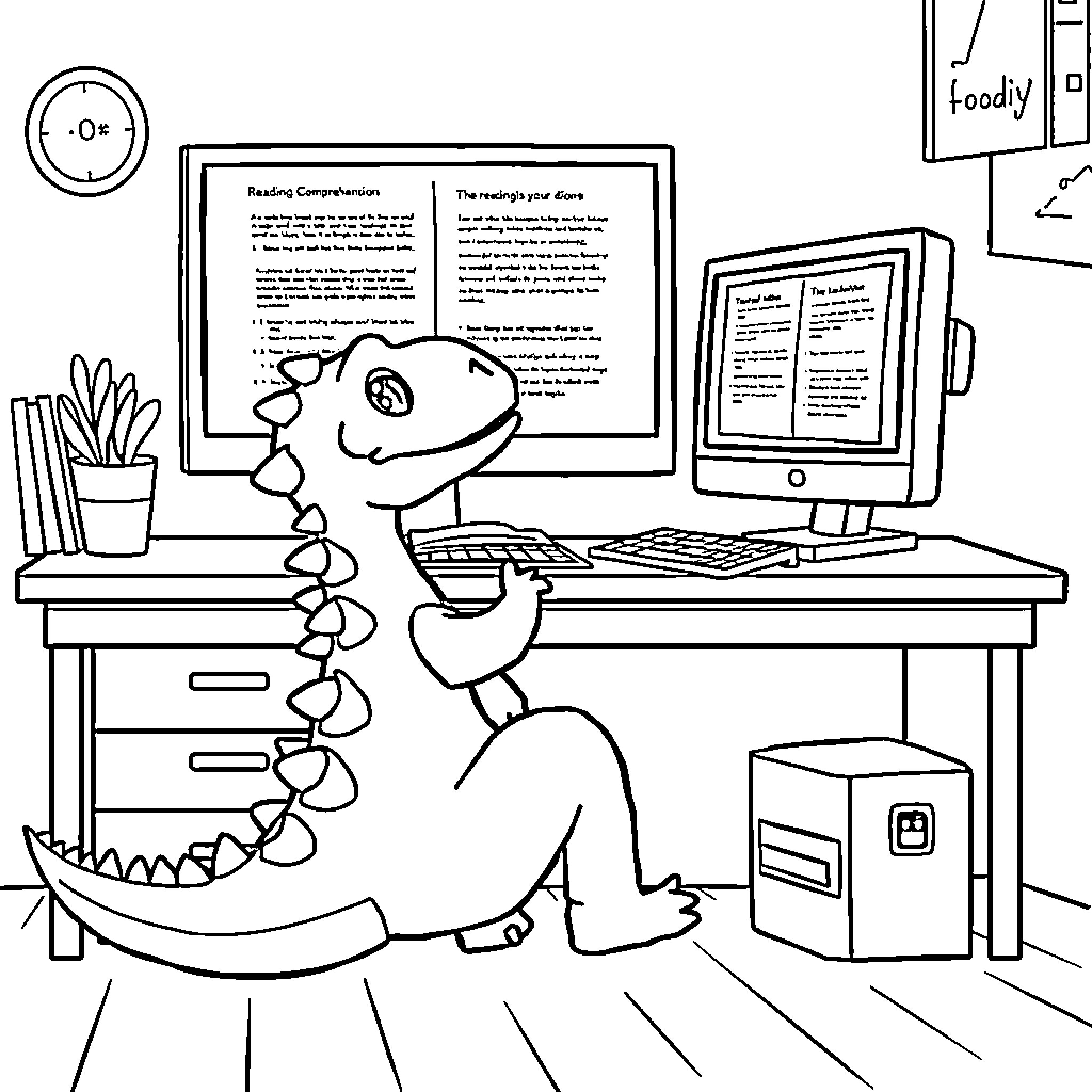Dinosaur working diligently at computer desk Coloring Page (free black-and-white line drawing printable PDF for all, from beginners to advanced learners, including children, teens, adults, and seniors)