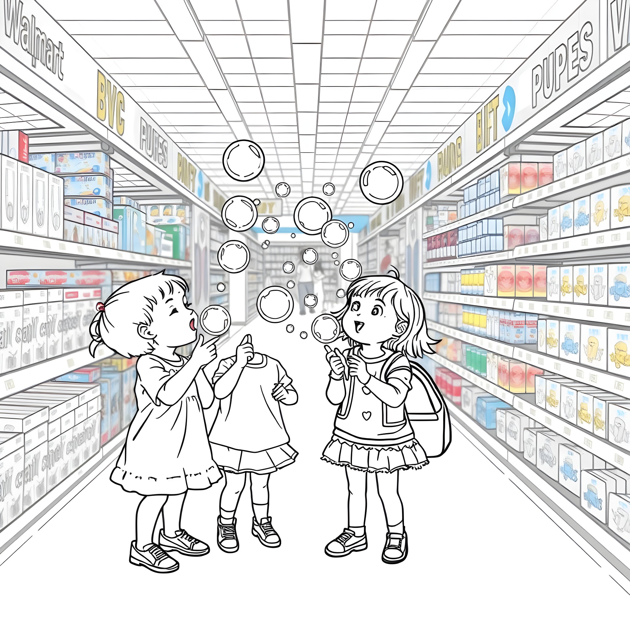 Precious Moments of Childhood Wonder in the Grocery Store Coloring Page (free black-and-white line drawing printable PDF for all, from beginners to advanced learners, including children, teens, adults, and seniors)
