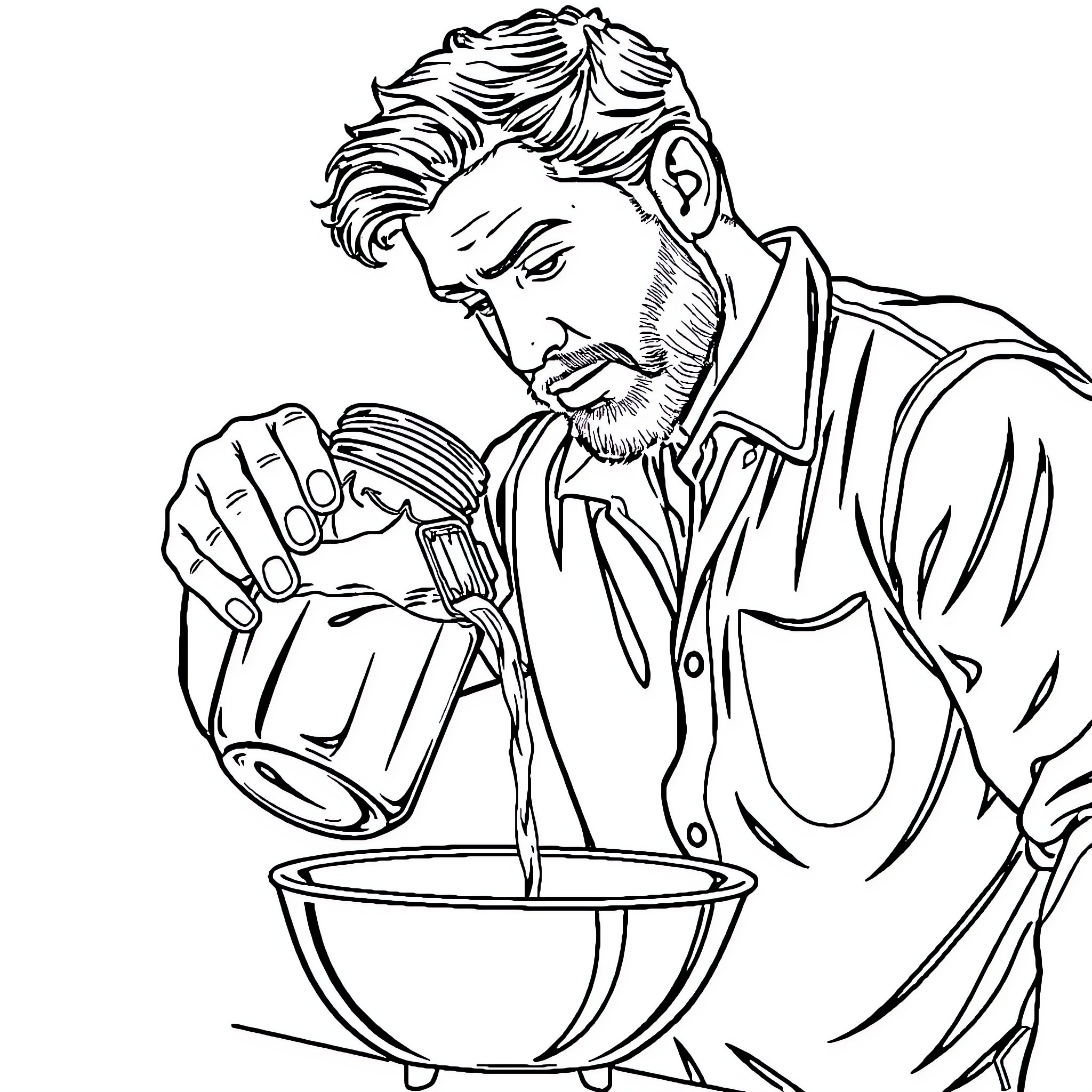 Man intently preparing food in kitchen Coloring Page (free black-and-white line drawing printable PDF for all, from beginners to advanced learners, including children, teens, adults, and seniors)