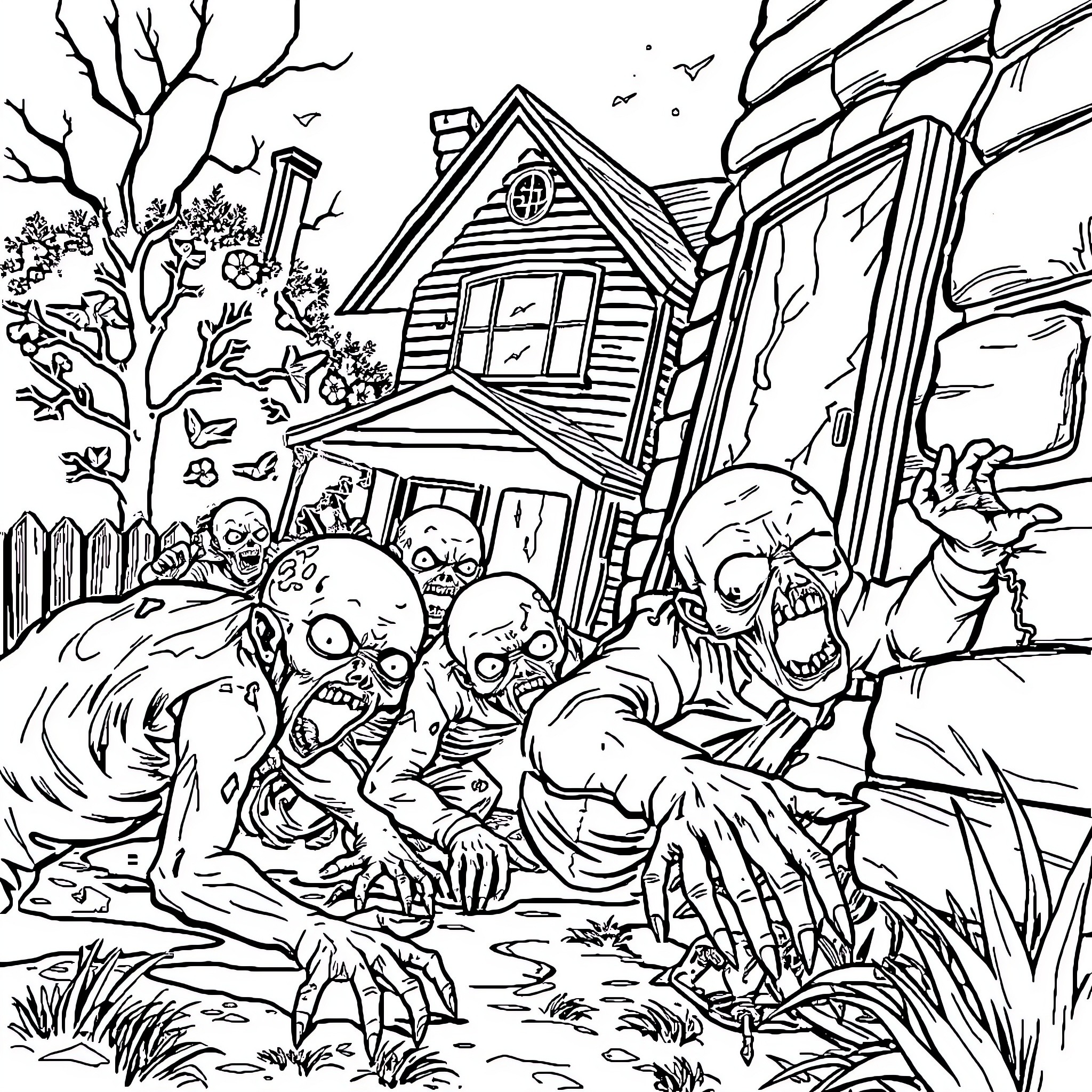 Zombie horde attacking a rundown cabin in the woods Coloring Page (free black-and-white line drawing printable PDF for all, from beginners to advanced learners, including children, teens, adults, and seniors)