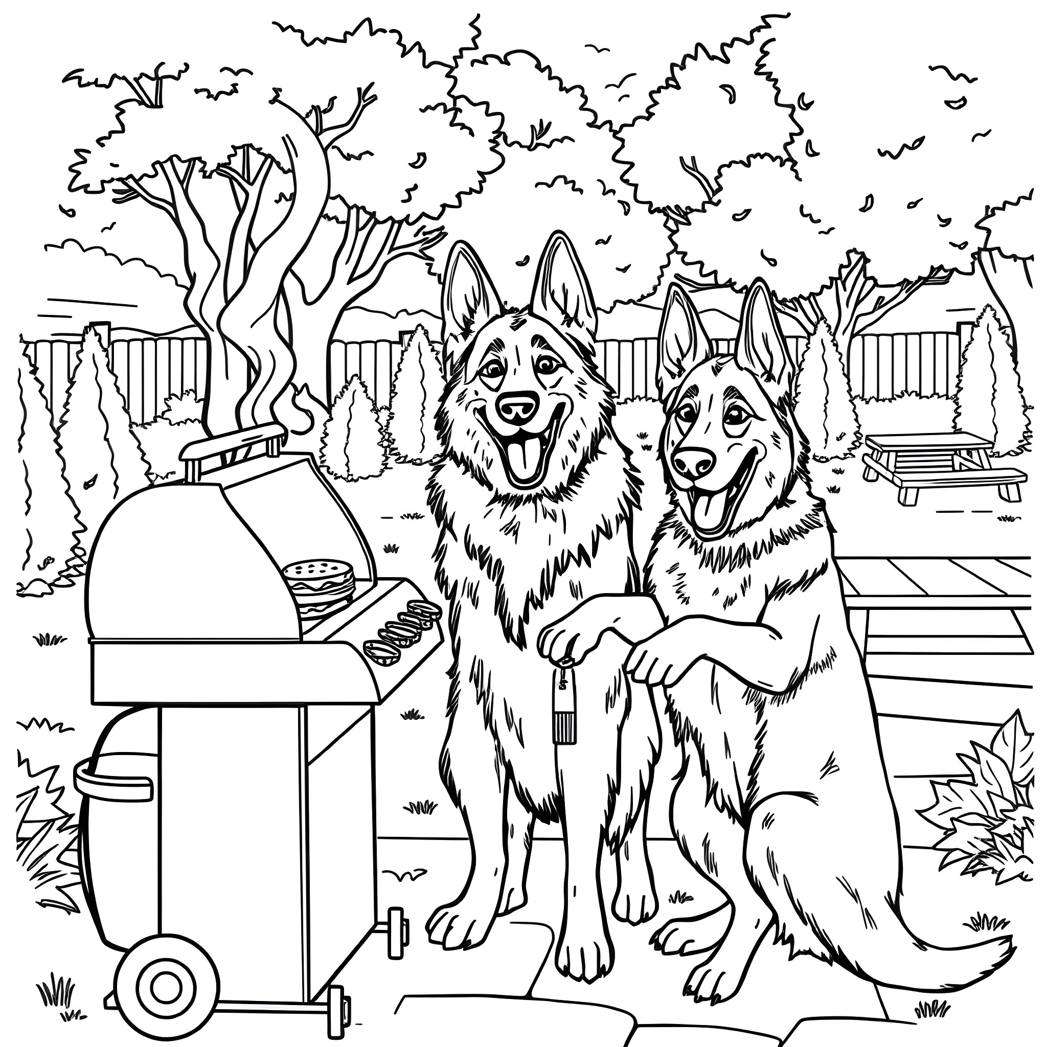 German Shepherd Dogs Enjoying a Barbecue in the Park Coloring Page (free black-and-white line drawing printable PDF for all, from beginners to advanced learners, including children, teens, adults, and seniors)