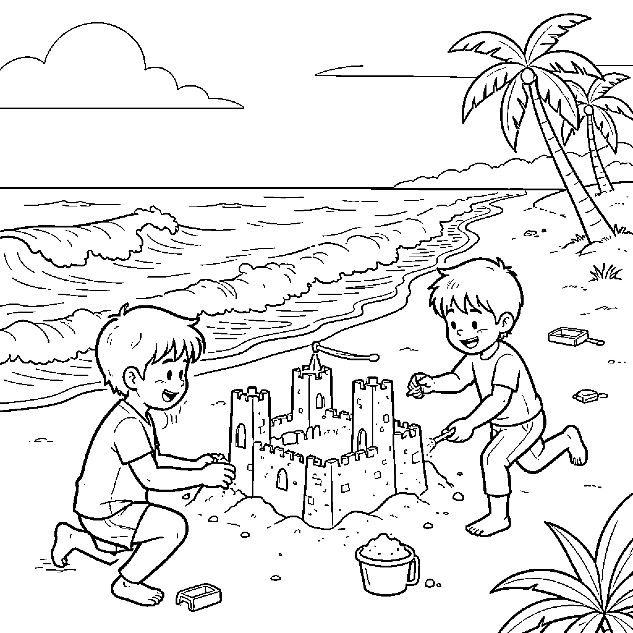 Child building a large sandcastle on the beach Coloring Page (free black-and-white line drawing printable PDF for all, from beginners to advanced learners, including children, teens, adults, and seniors)