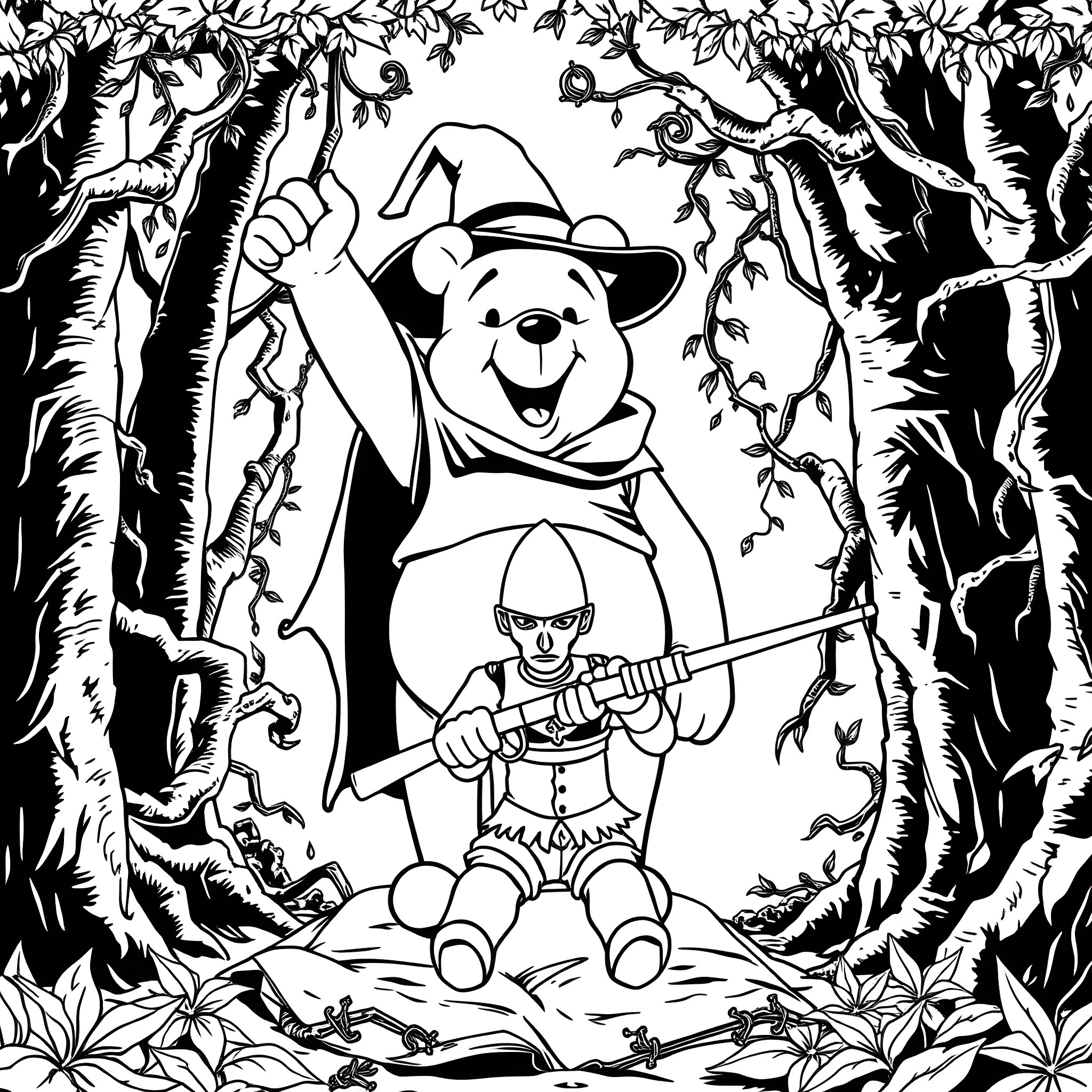 Winnie The Pooh's Adventurous Exploration in the Enchanted Forest Coloring Page (free black-and-white line drawing printable PDF for all, from beginners to advanced learners, including children, teens, adults, and seniors)
