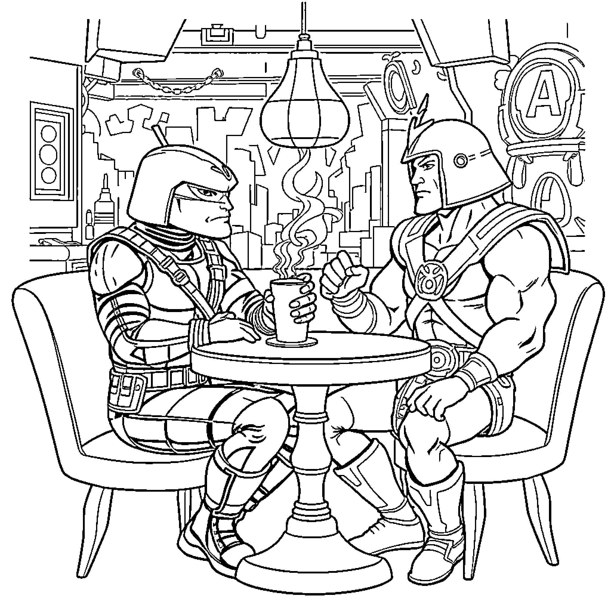 Cobra Commanders Discussing Strategies in Secret Lair Coloring Page (free black-and-white line drawing printable PDF for all, from beginners to advanced learners, including children, teens, adults, and seniors)