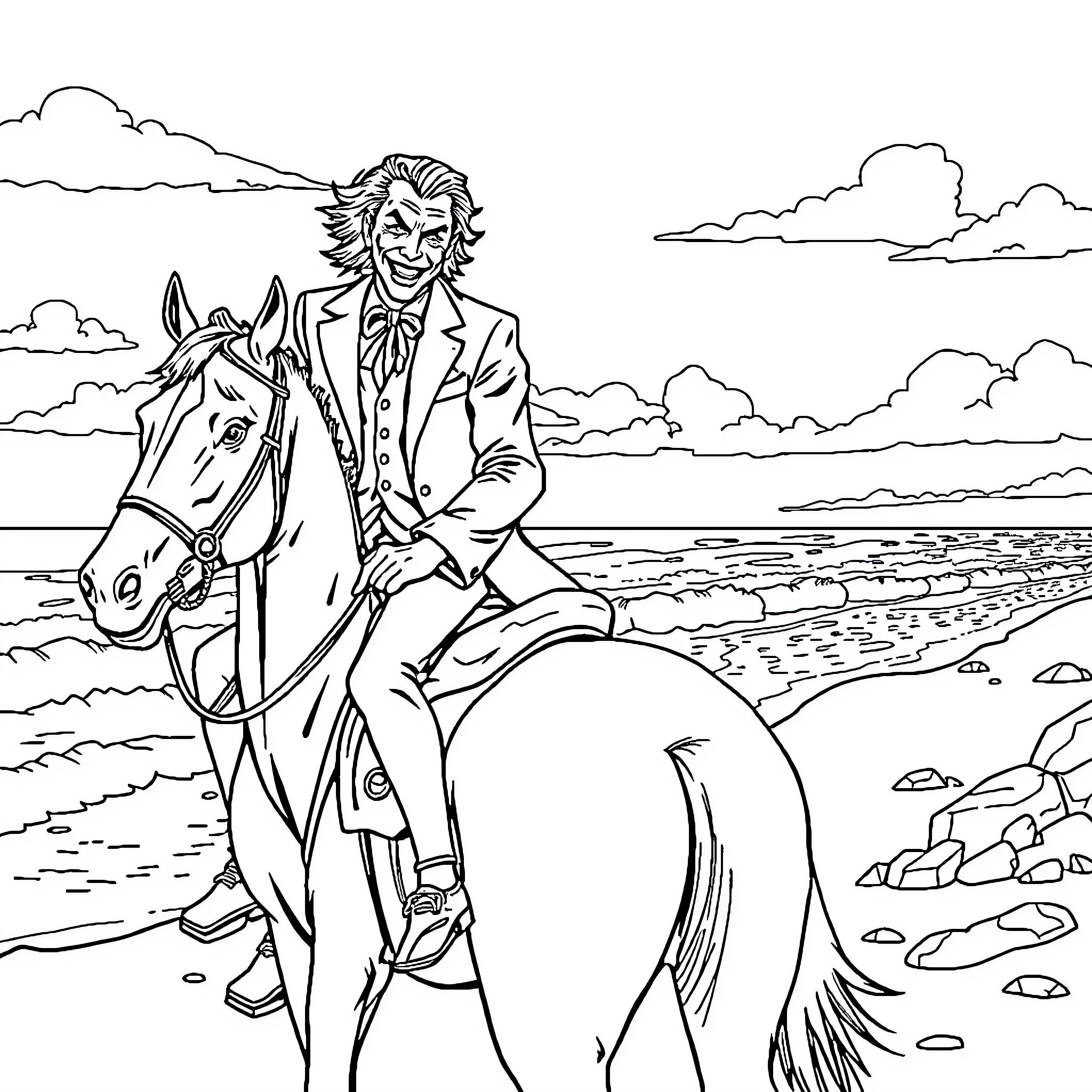 Joker enjoying a ride on horseback along the beach Coloring Page (free black-and-white line drawing printable PDF for all, from beginners to advanced learners, including children, teens, adults, and seniors)
