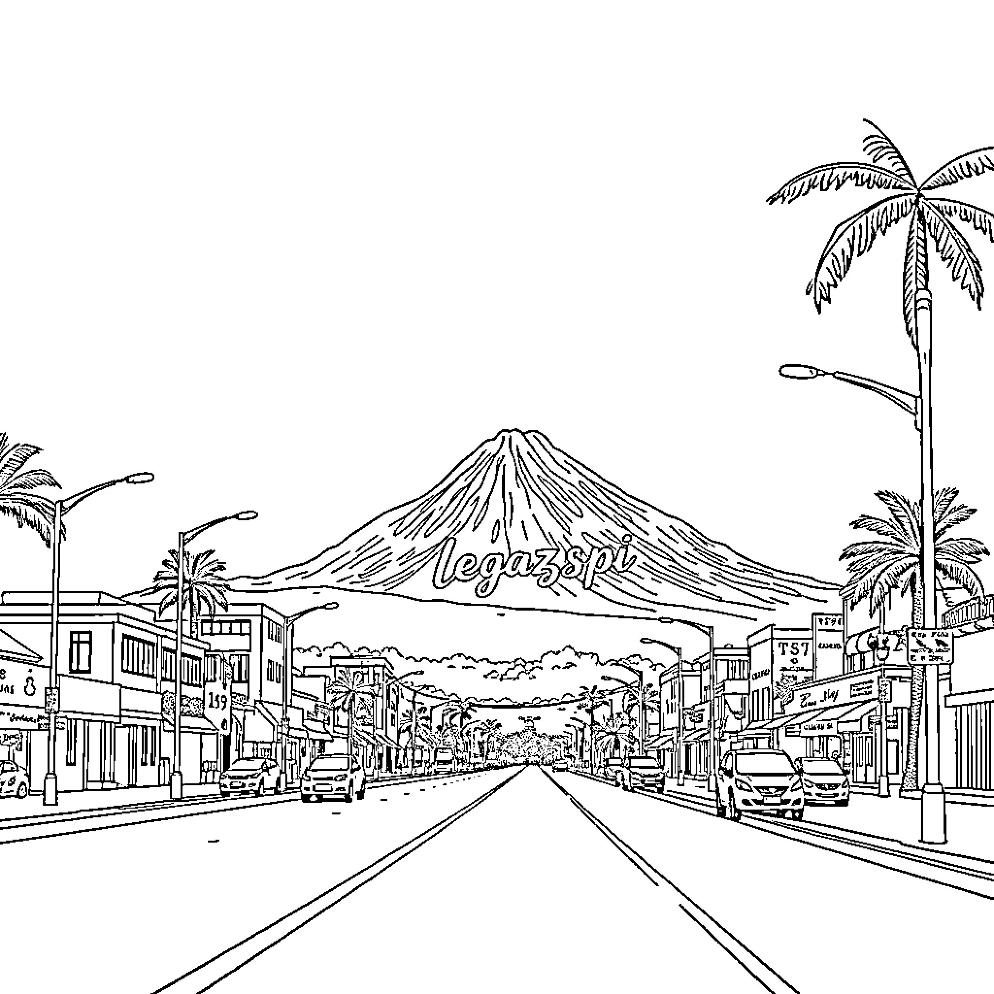 Volcano street scene with palm trees and architecture Coloring Page (free black-and-white line drawing printable PDF for all, from beginners to advanced learners, including children, teens, adults, and seniors)