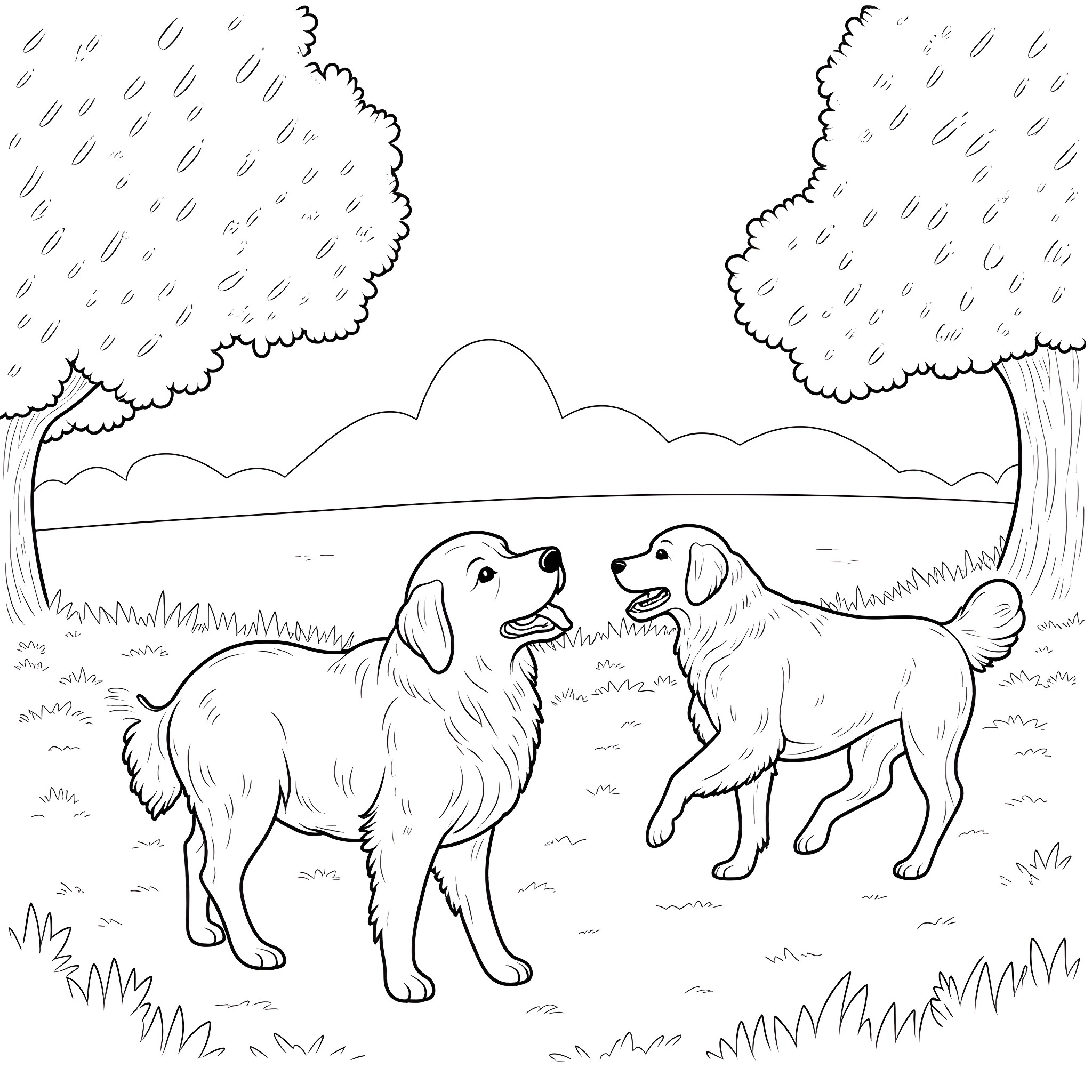 Golden Retrievers playing together in the rain Coloring Page (free black-and-white line drawing printable PDF for all, from beginners to advanced learners, including children, teens, adults, and seniors)