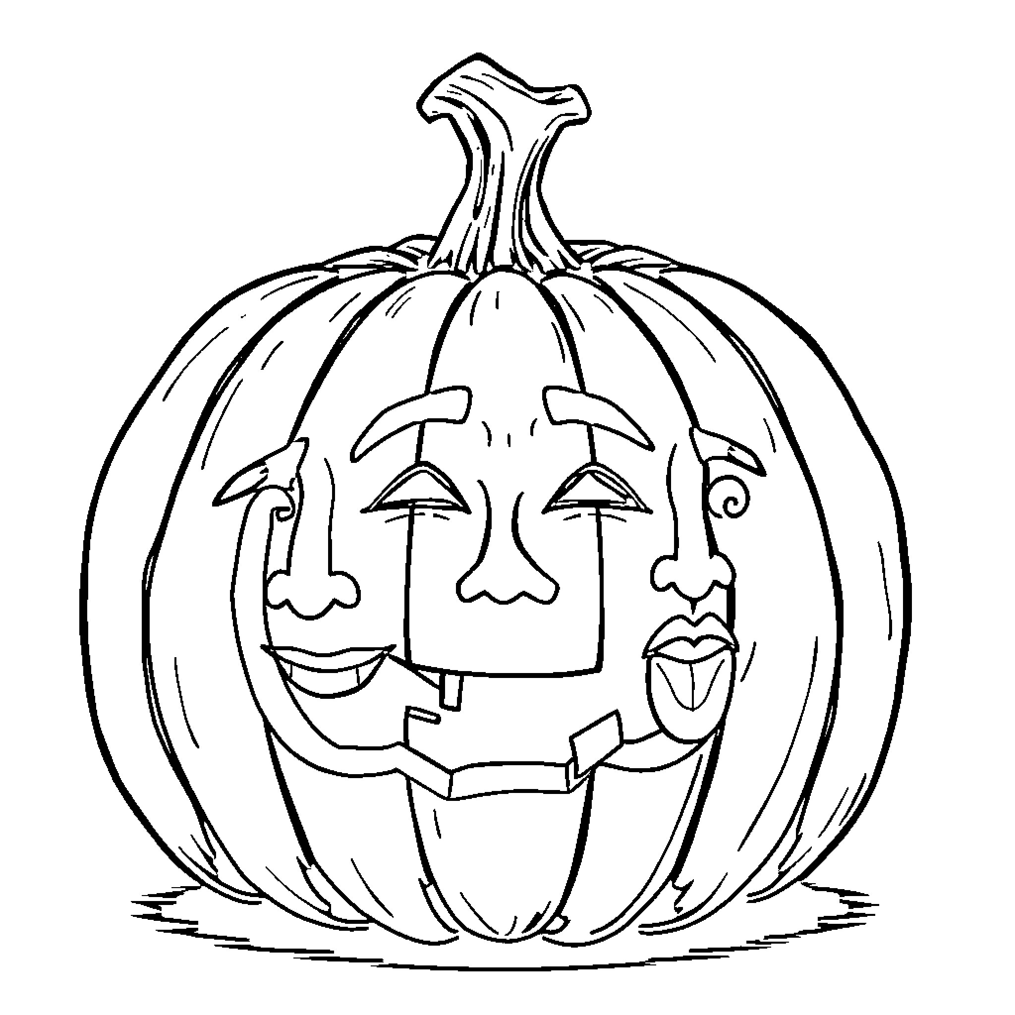Pumpkin with smiling carved faces Coloring Page (free black-and-white line drawing printable PDF for all, from beginners to advanced learners, including children, teens, adults, and seniors)