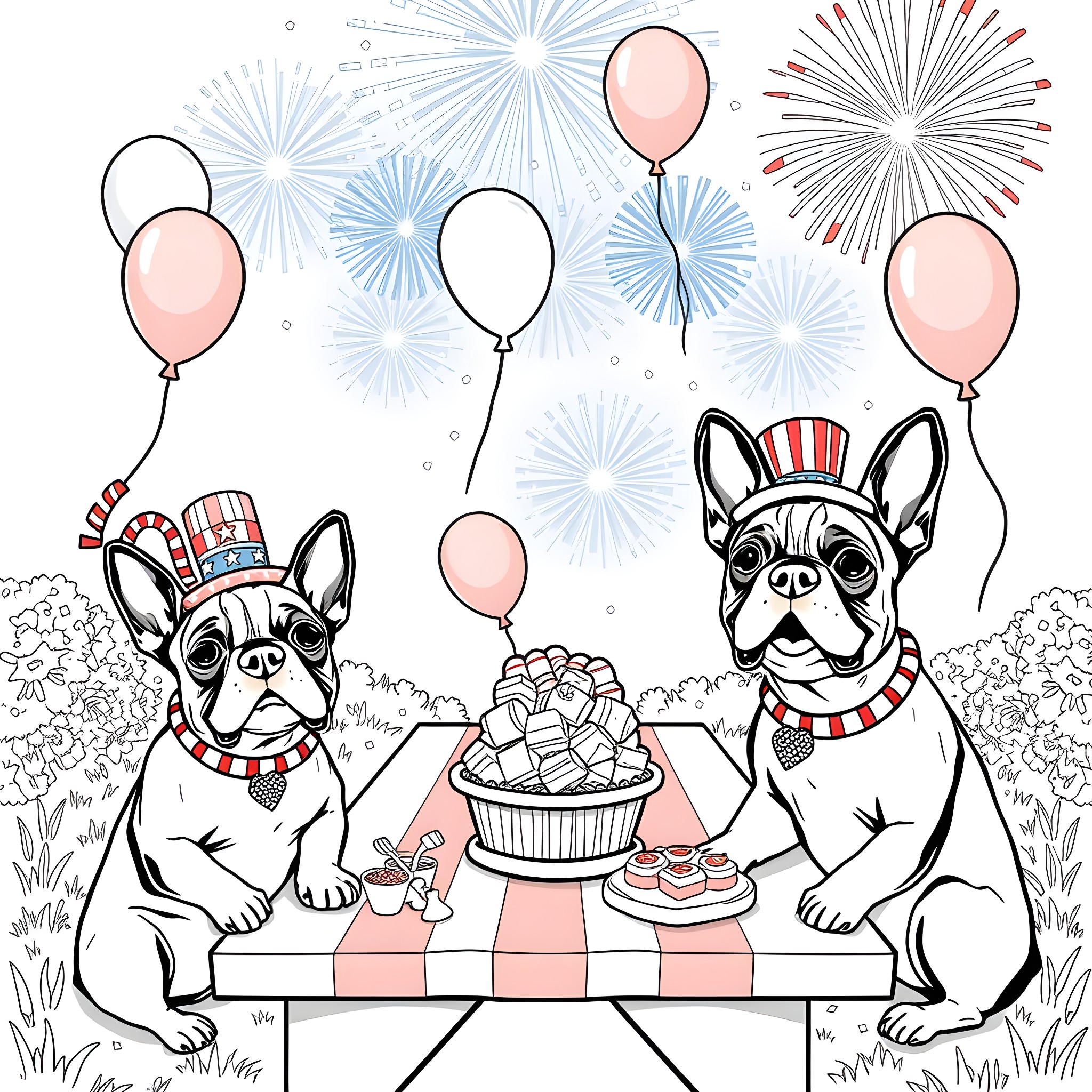 Boston Terriers Celebrating with Balloons and Fireworks Coloring Page (free black-and-white line drawing printable PDF for all, from beginners to advanced learners, including children, teens, adults, and seniors)