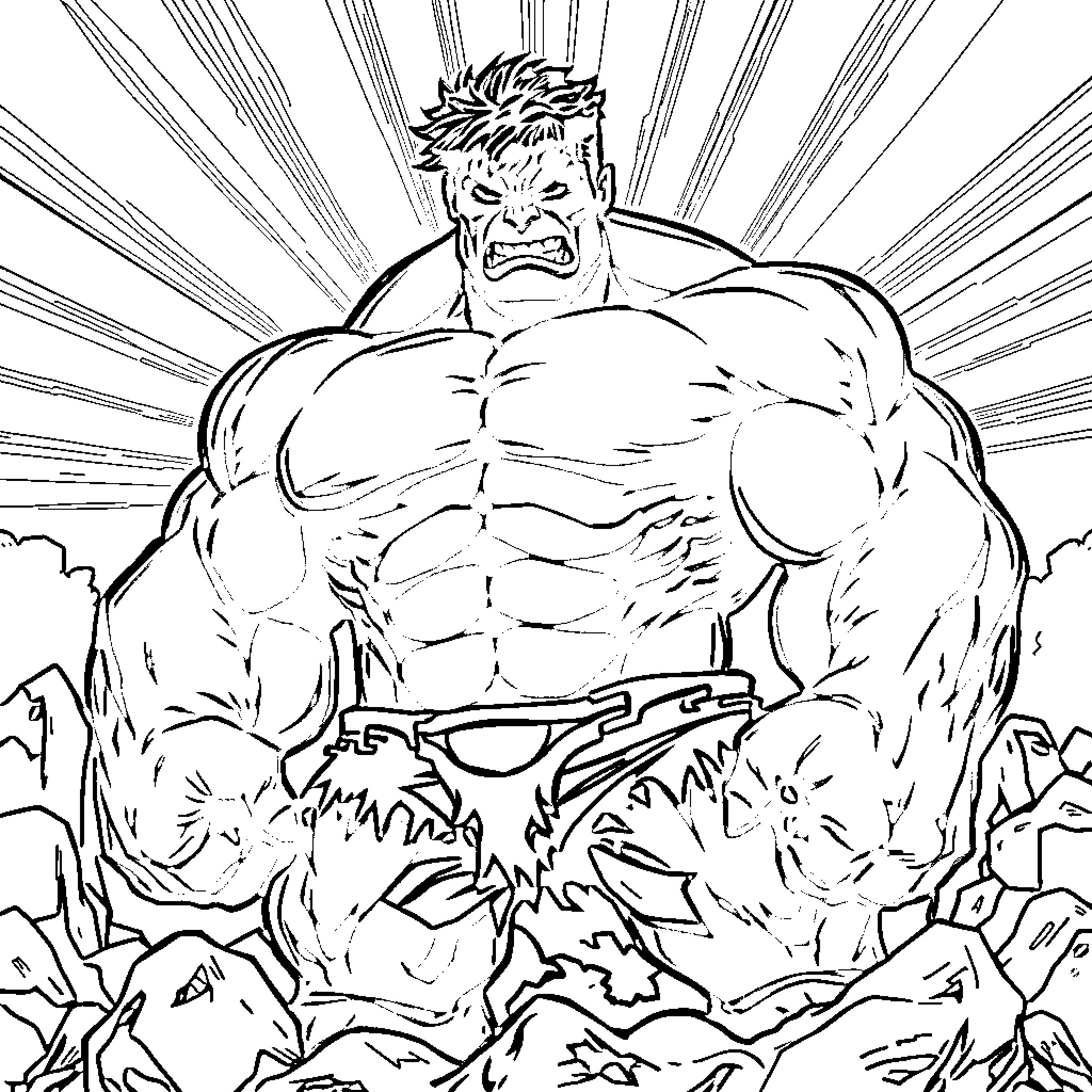 Hulk Destroys Surroundings in Intense Rage Coloring Page (free black-and-white line drawing printable PDF for all, from beginners to advanced learners, including children, teens, adults, and seniors)