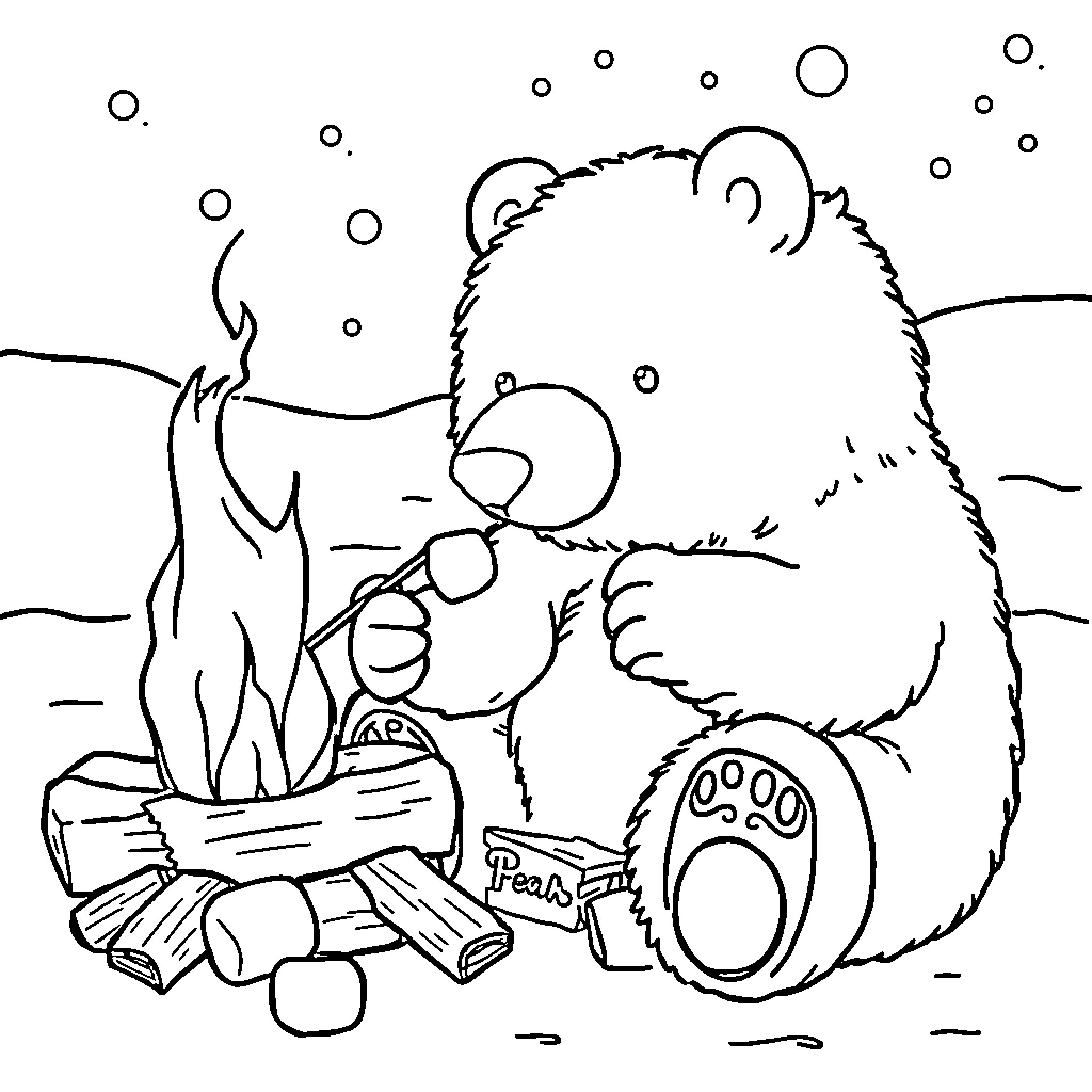 Polar Bear enjoying marshmallows by campfire Coloring Page (free black-and-white line drawing printable PDF for all, from beginners to advanced learners, including children, teens, adults, and seniors)