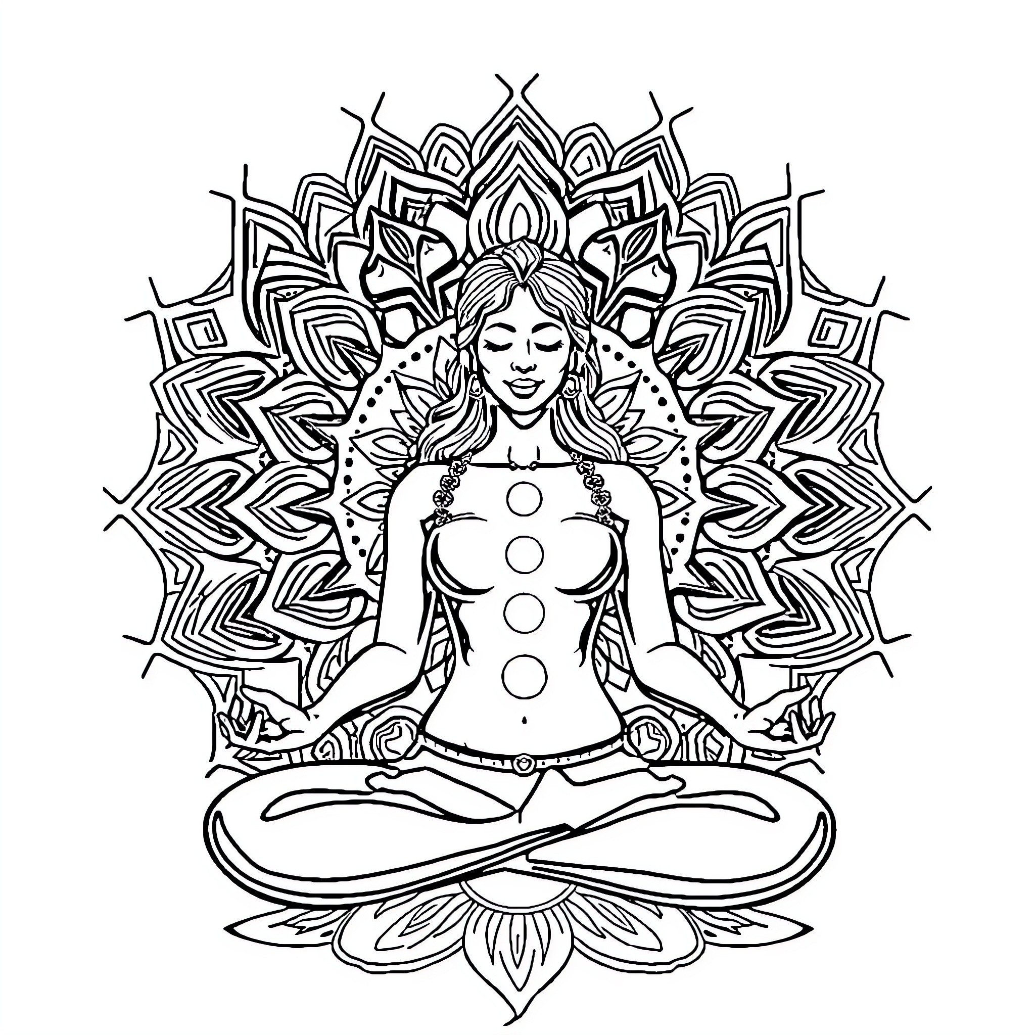 Meditating Woman in Lotus Pose on Ornate Floral Background Coloring Page (free black-and-white line drawing printable PDF for all, from beginners to advanced learners, including children, teens, adults, and seniors)