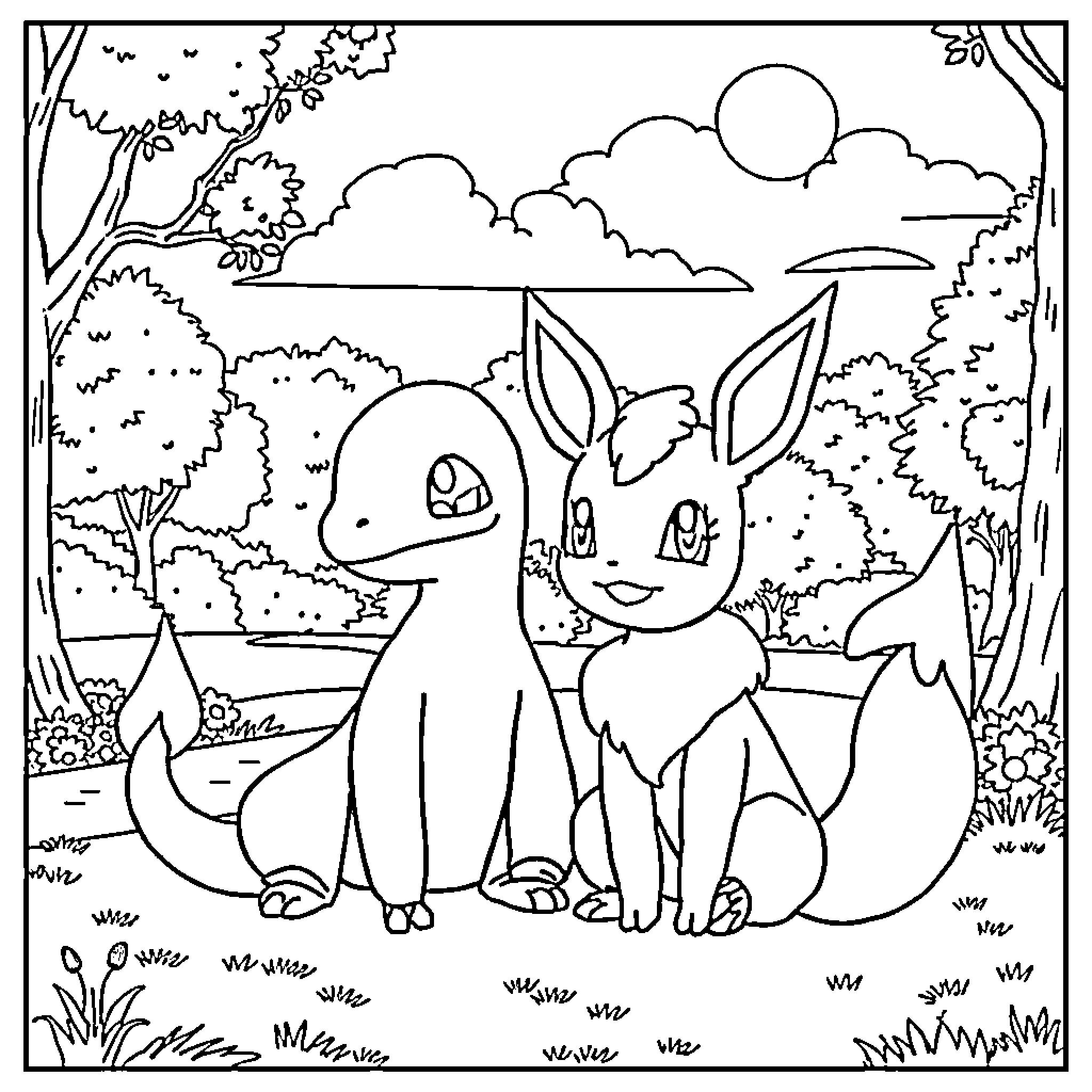 Charmander and Eevee enjoying the outdoors Coloring Page (free black-and-white line drawing printable PDF for all, from beginners to advanced learners, including children, teens, adults, and seniors)