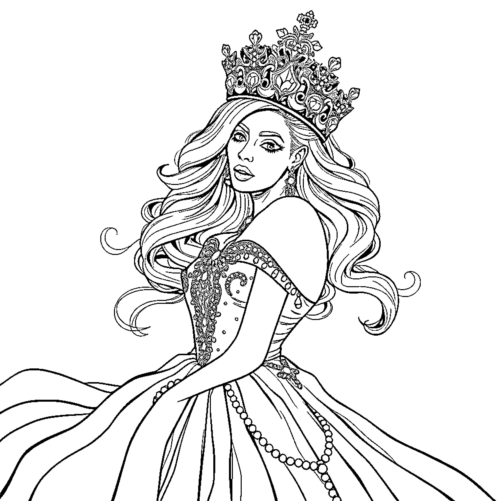 Lady Gaga as a Majestic Royal Princess Coloring Page (free black-and-white line drawing printable PDF for all, from beginners to advanced learners, including children, teens, adults, and seniors)