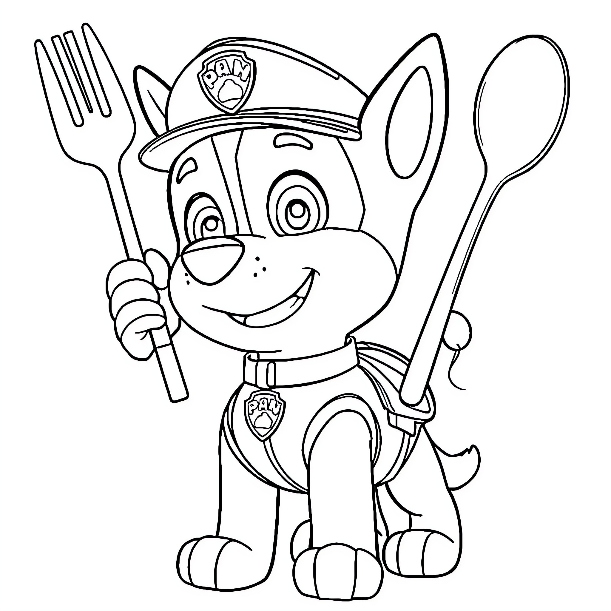Chase the Pup Chef with Utensils Coloring Page (free black-and-white line drawing printable PDF for all, from beginners to advanced learners, including children, teens, adults, and seniors)