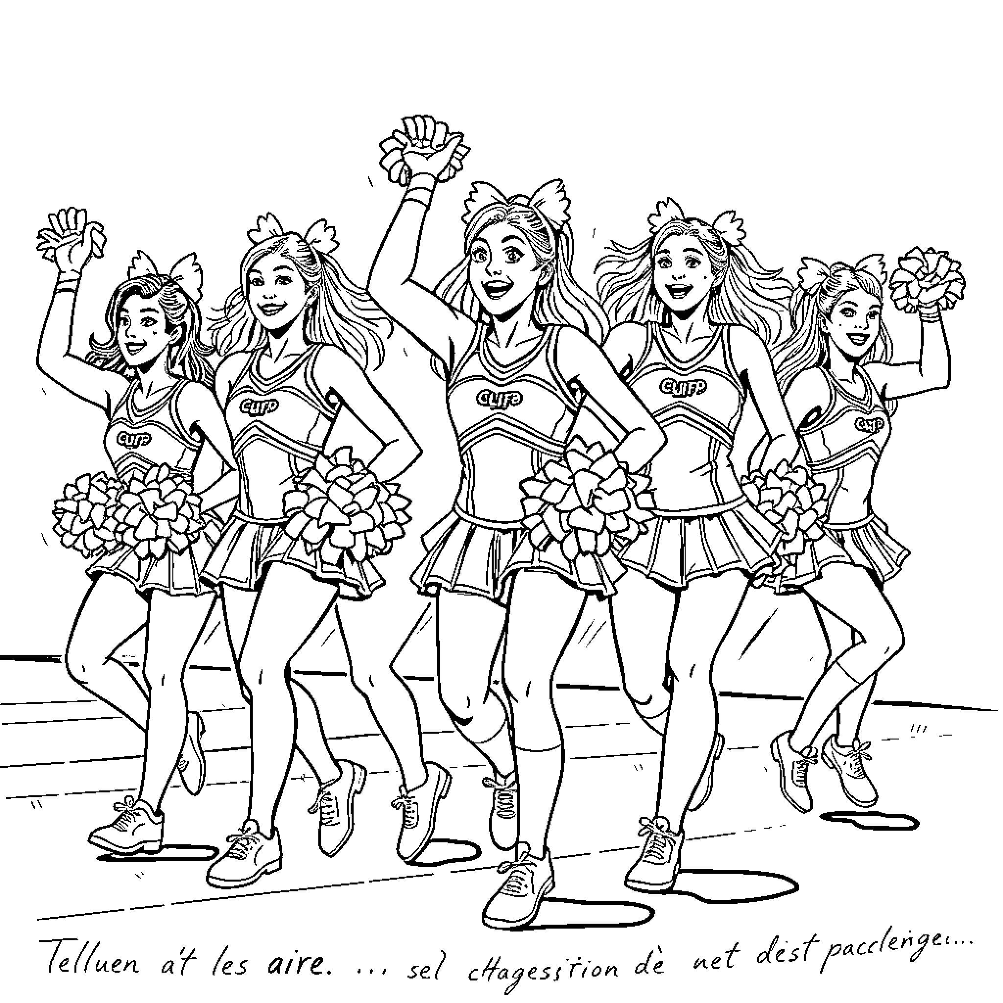 Cheerleaders celebrating with excitement and enthusiasm Coloring Page (free black-and-white line drawing printable PDF for all, from beginners to advanced learners, including children, teens, adults, and seniors)