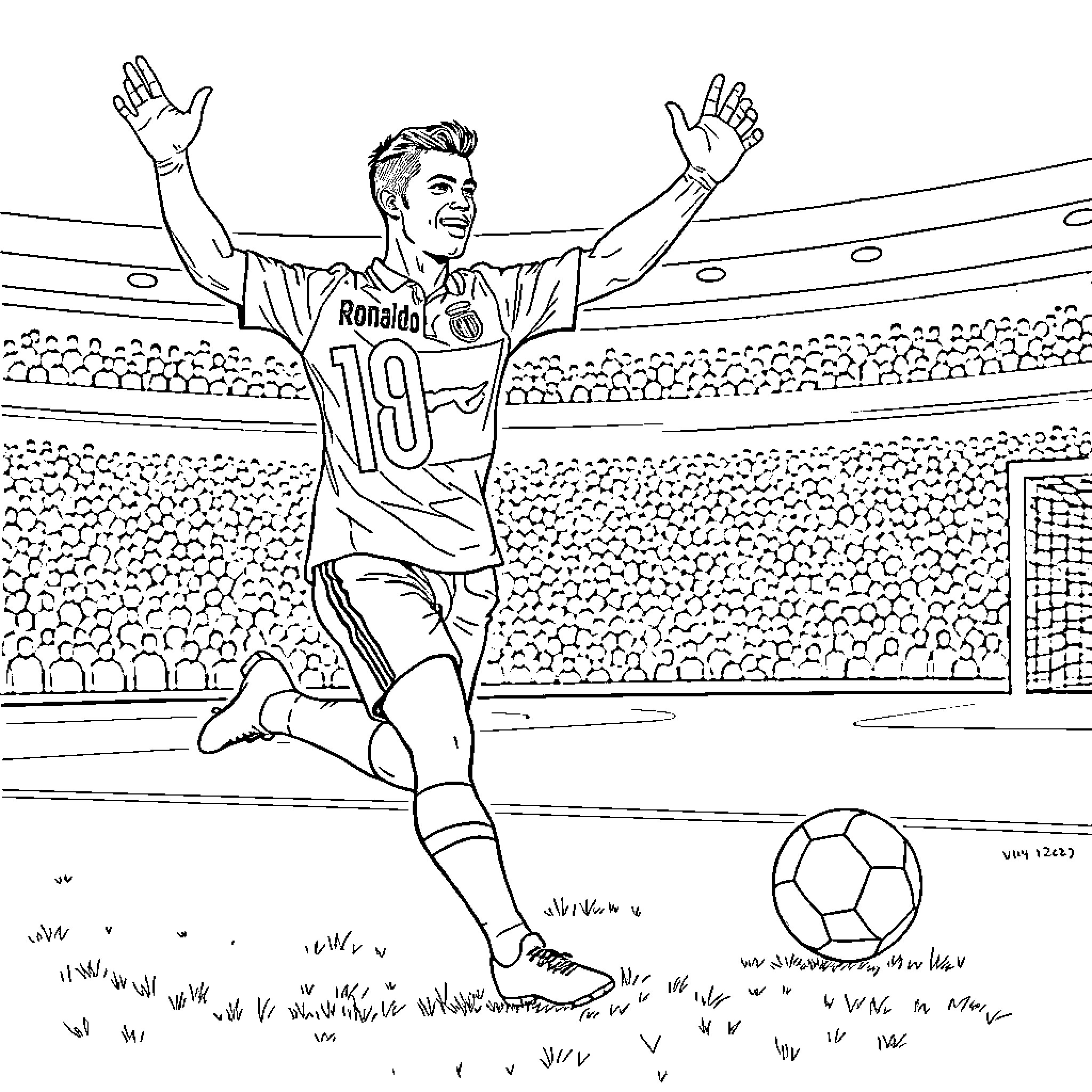 Ronaldo celebrates soccer victory on the field Coloring Page (free black-and-white line drawing printable PDF for all, from beginners to advanced learners, including children, teens, adults, and seniors)