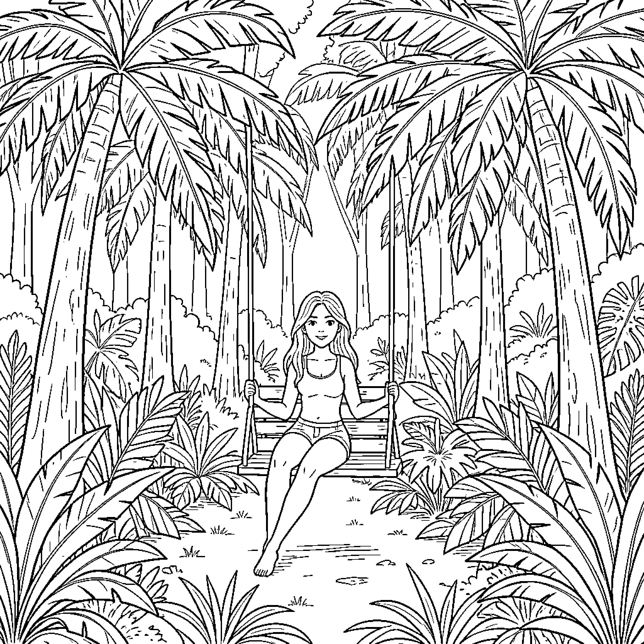Woman sitting on a swing in a tropical jungle Coloring Page (free black-and-white line drawing printable PDF for all, from beginners to advanced learners, including children, teens, adults, and seniors)