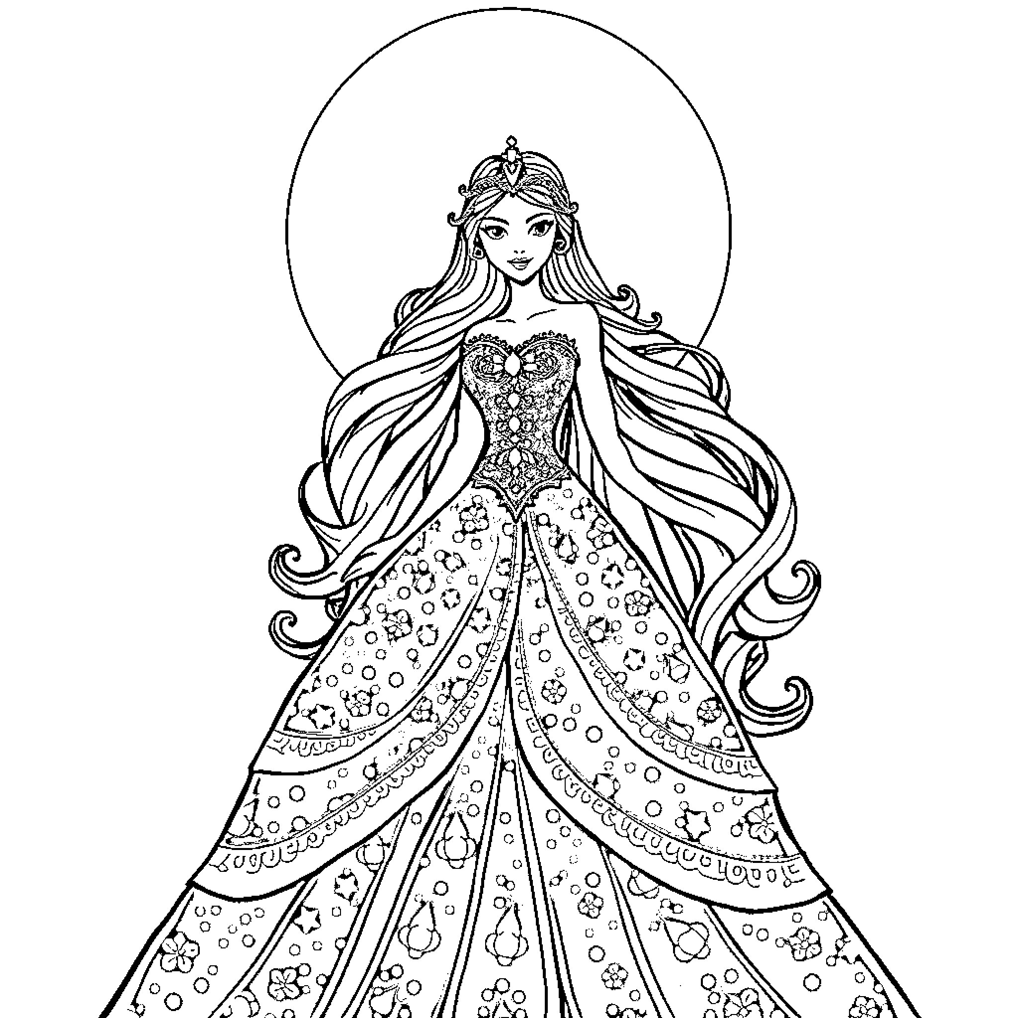 Princess in Elegant Floral Gown with Flowing Hair Coloring Page (free black-and-white line drawing printable PDF for all, from beginners to advanced learners, including children, teens, adults, and seniors)