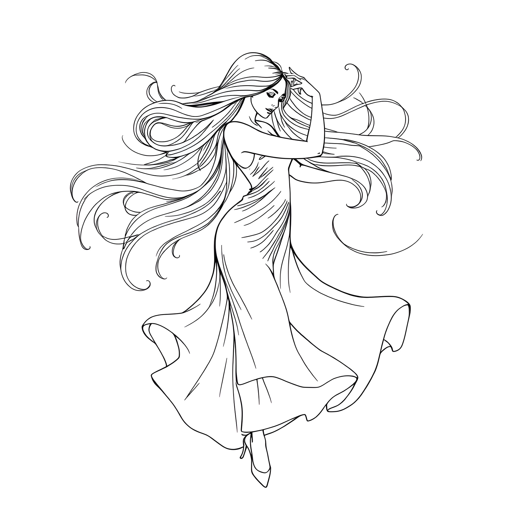 Woman in flowing dress with billowing hair Coloring Page (free black-and-white line drawing printable PDF for all, from beginners to advanced learners, including children, teens, adults, and seniors)