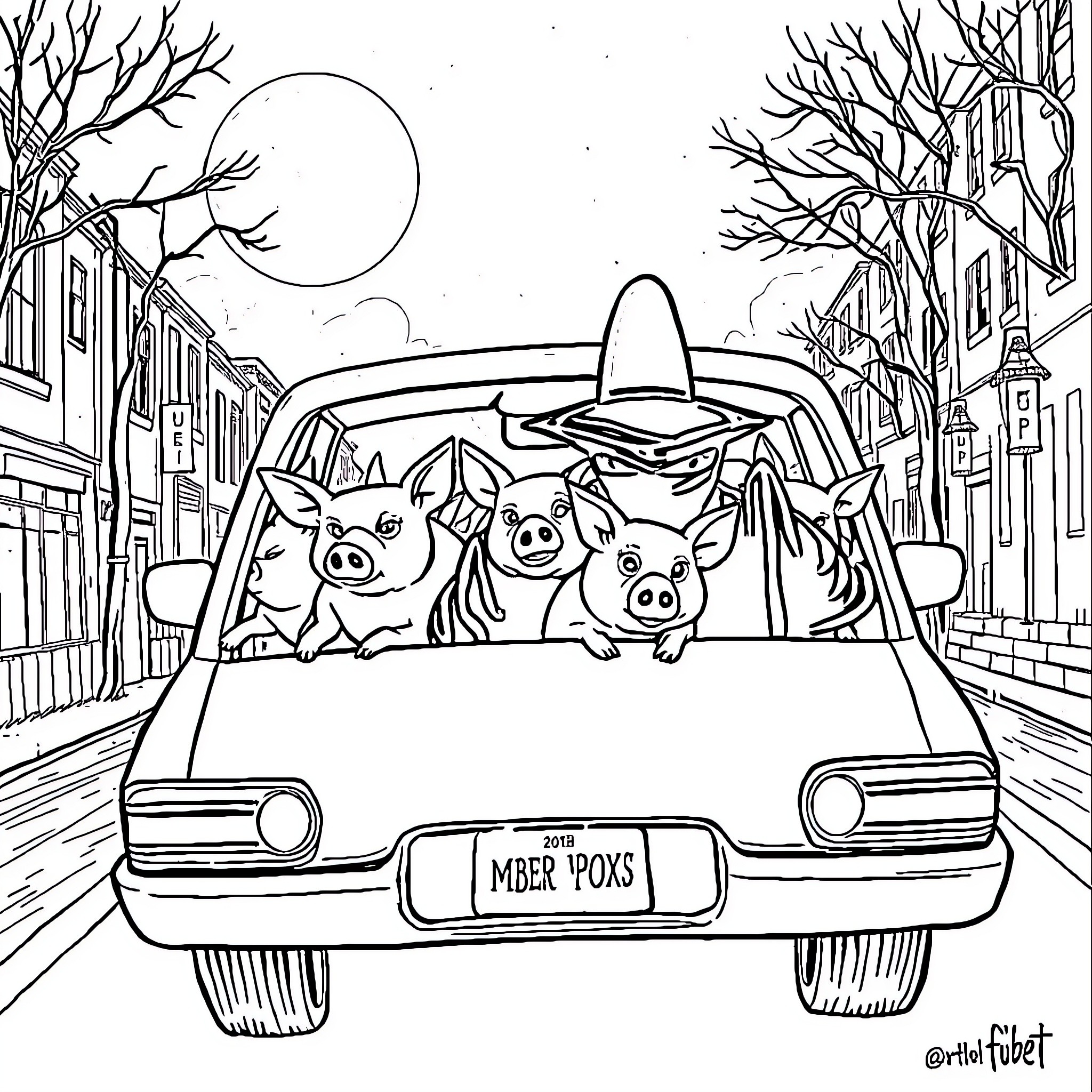 Undertaker Pigs Take a Mysterious Night Ride Coloring Page (free black-and-white line drawing printable PDF for all, from beginners to advanced learners, including children, teens, adults, and seniors)