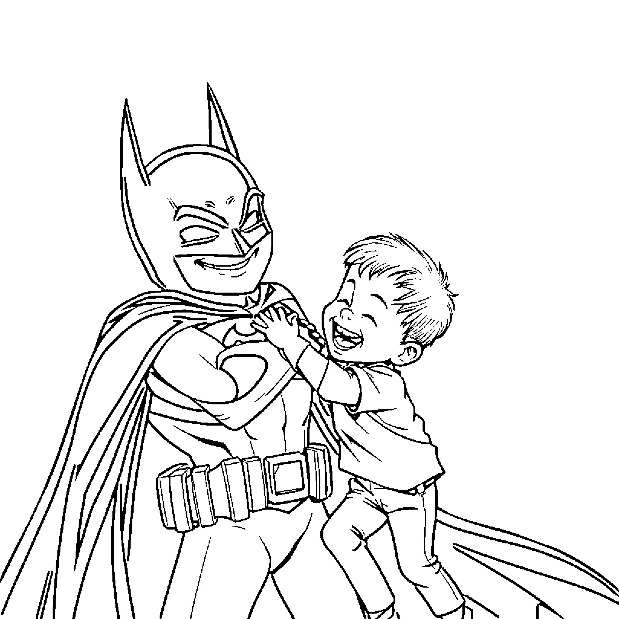 Boy playing with superhero in black and white Coloring Page (free black-and-white line drawing printable PDF for all, from beginners to advanced learners, including children, teens, adults, and seniors)