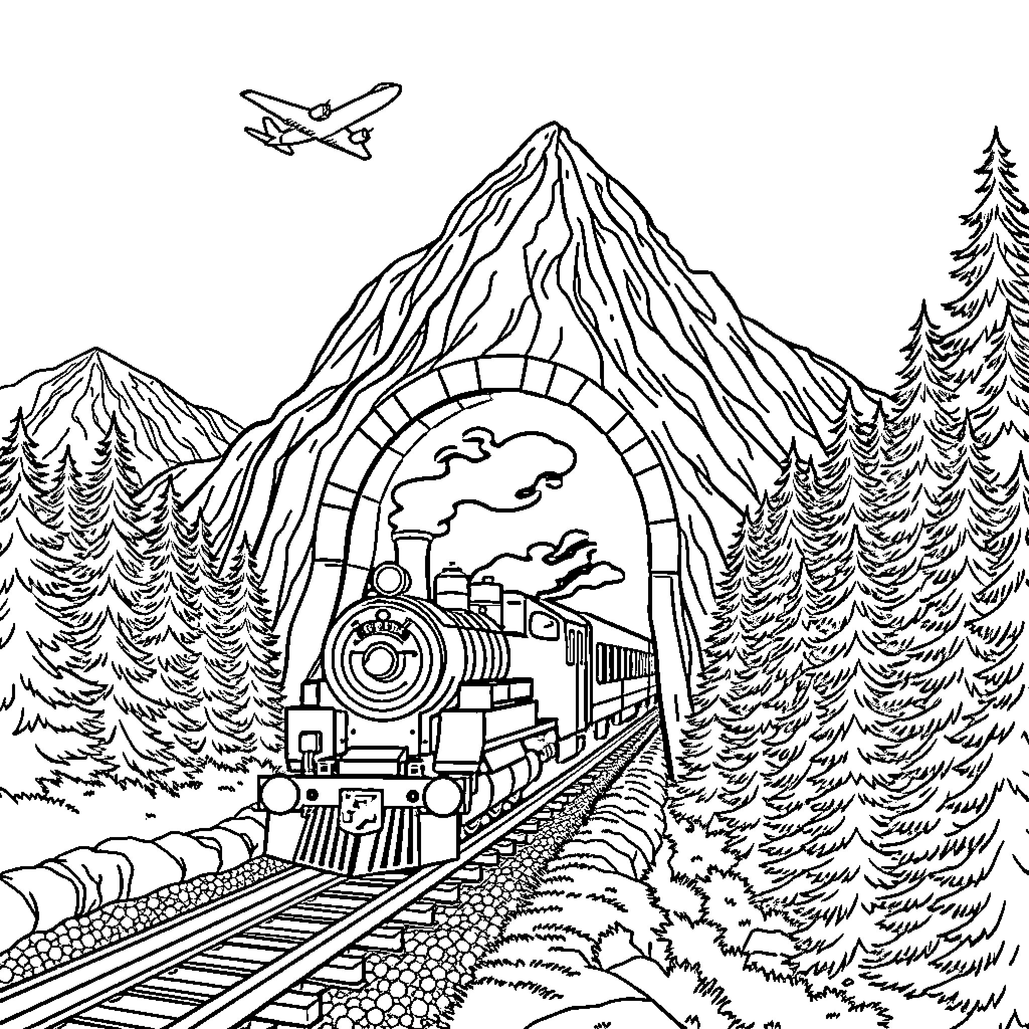 Airplane soaring over scenic mountain railway landscape Coloring Page (free black-and-white line drawing printable PDF for all, from beginners to advanced learners, including children, teens, adults, and seniors)