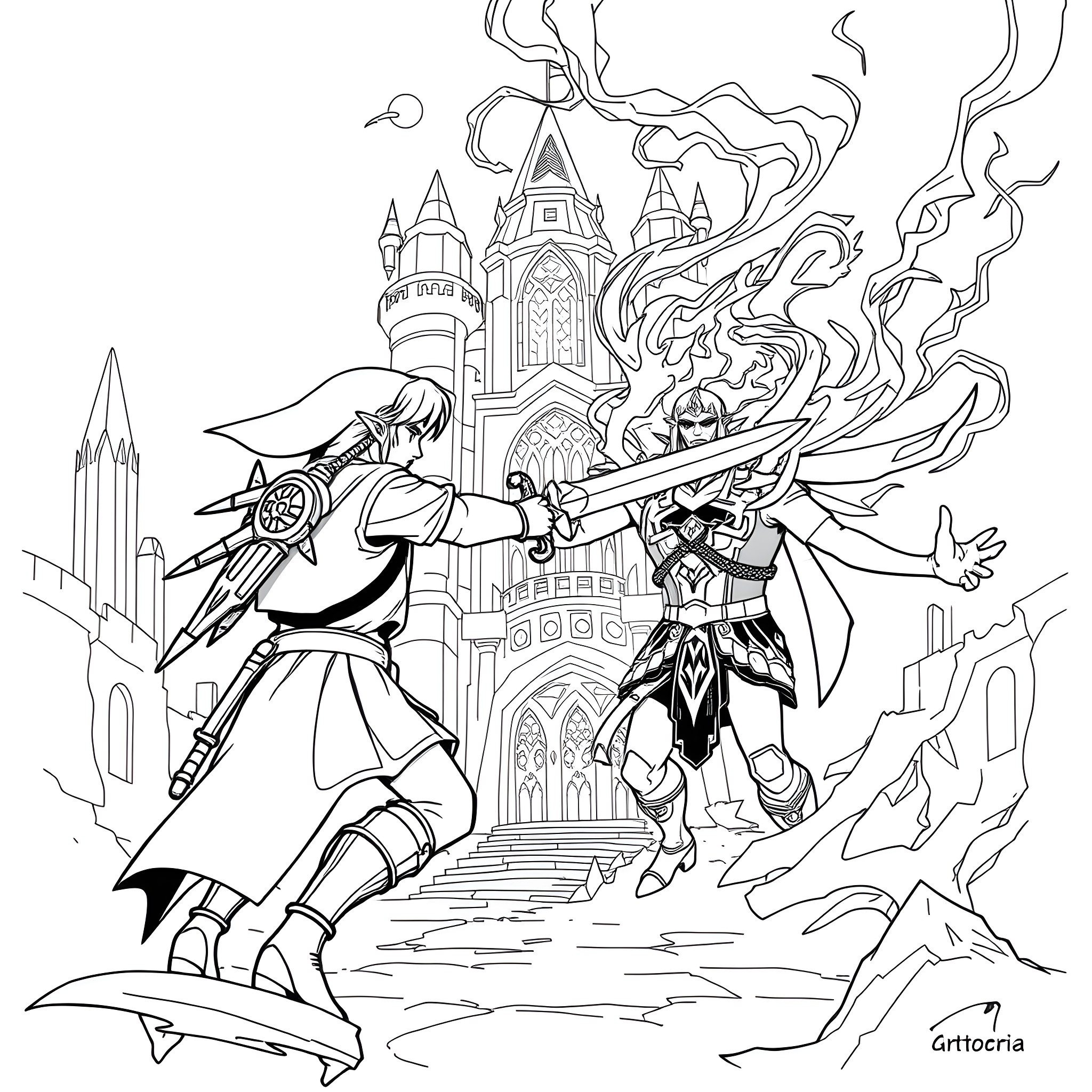 Link Battling Evil Sorcerer Near Magical Castle Coloring Page (free black-and-white line drawing printable PDF for all, from beginners to advanced learners, including children, teens, adults, and seniors)