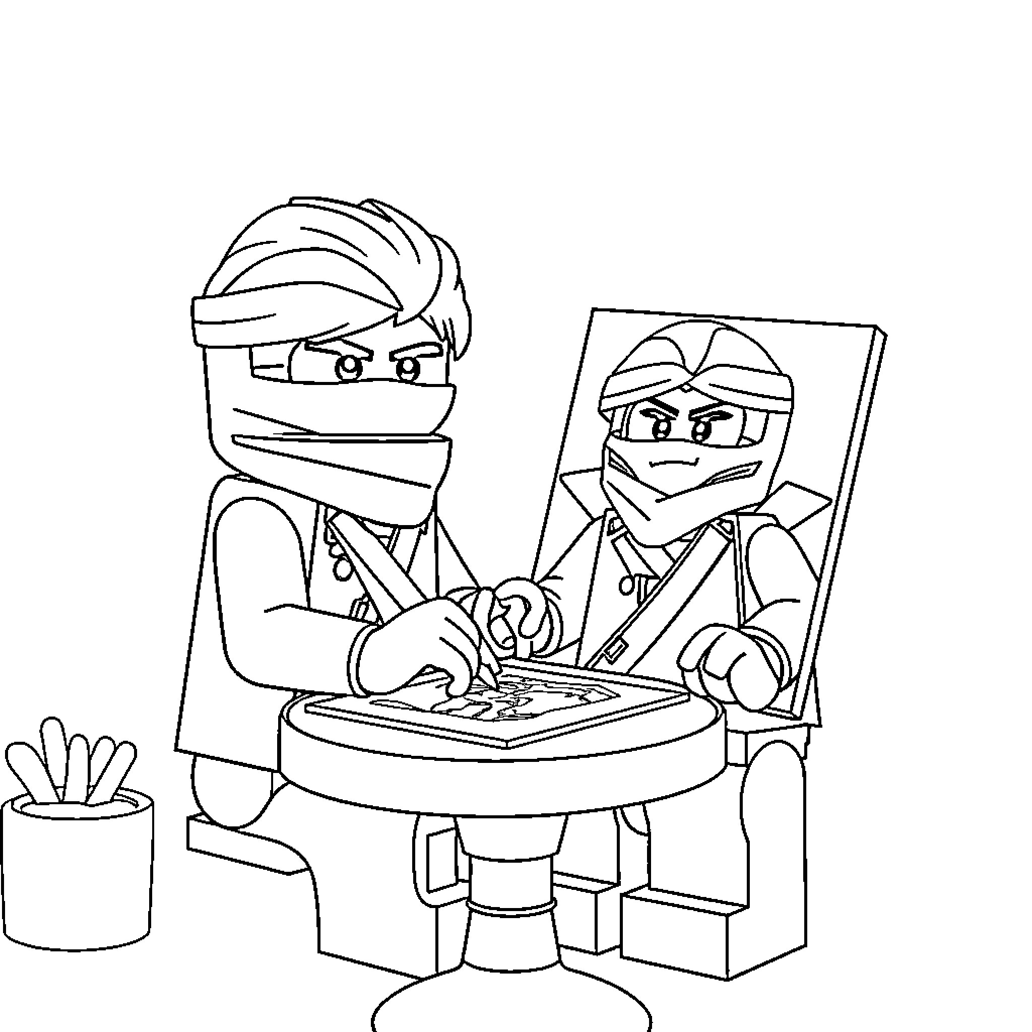 Lloyd's Ninja Encounter on a Desk Coloring Page (free black-and-white line drawing printable PDF for all, from beginners to advanced learners, including children, teens, adults, and seniors)