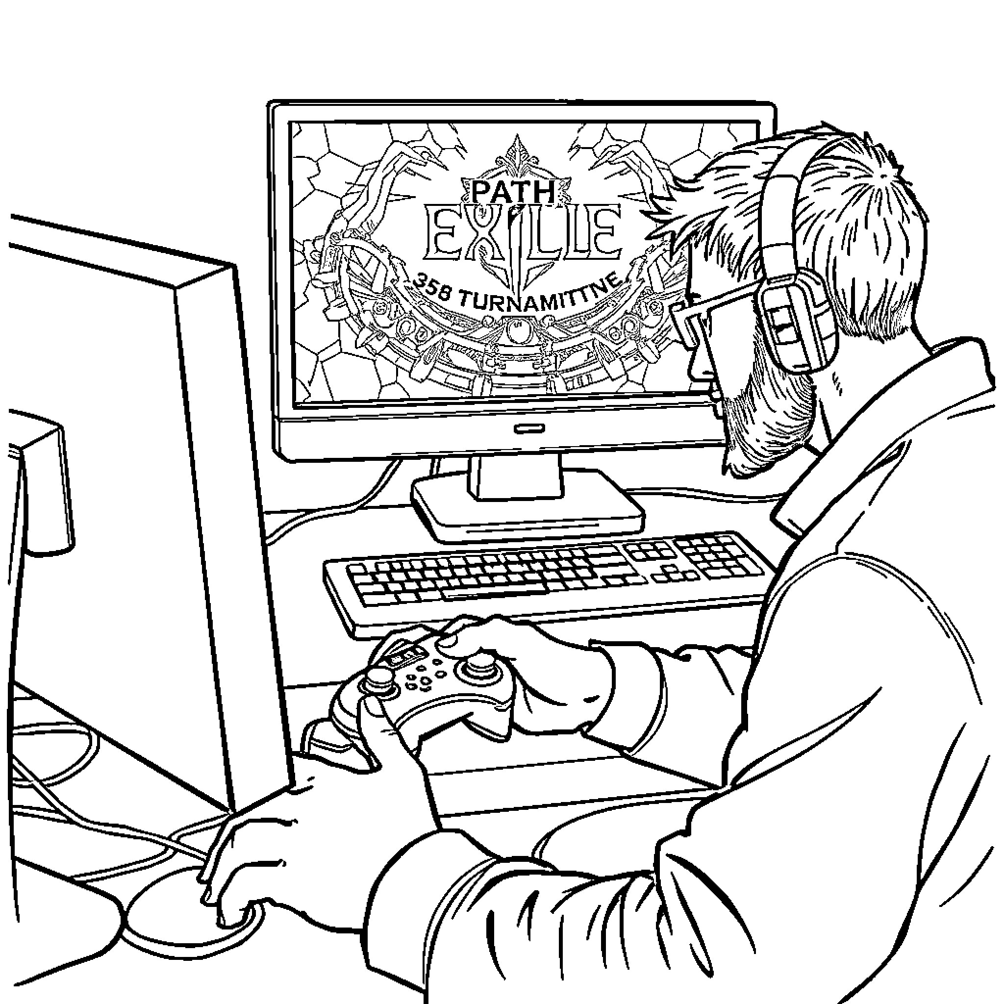Gamer playing an action-packed video game Coloring Page (free black-and-white line drawing printable PDF for all, from beginners to advanced learners, including children, teens, adults, and seniors)