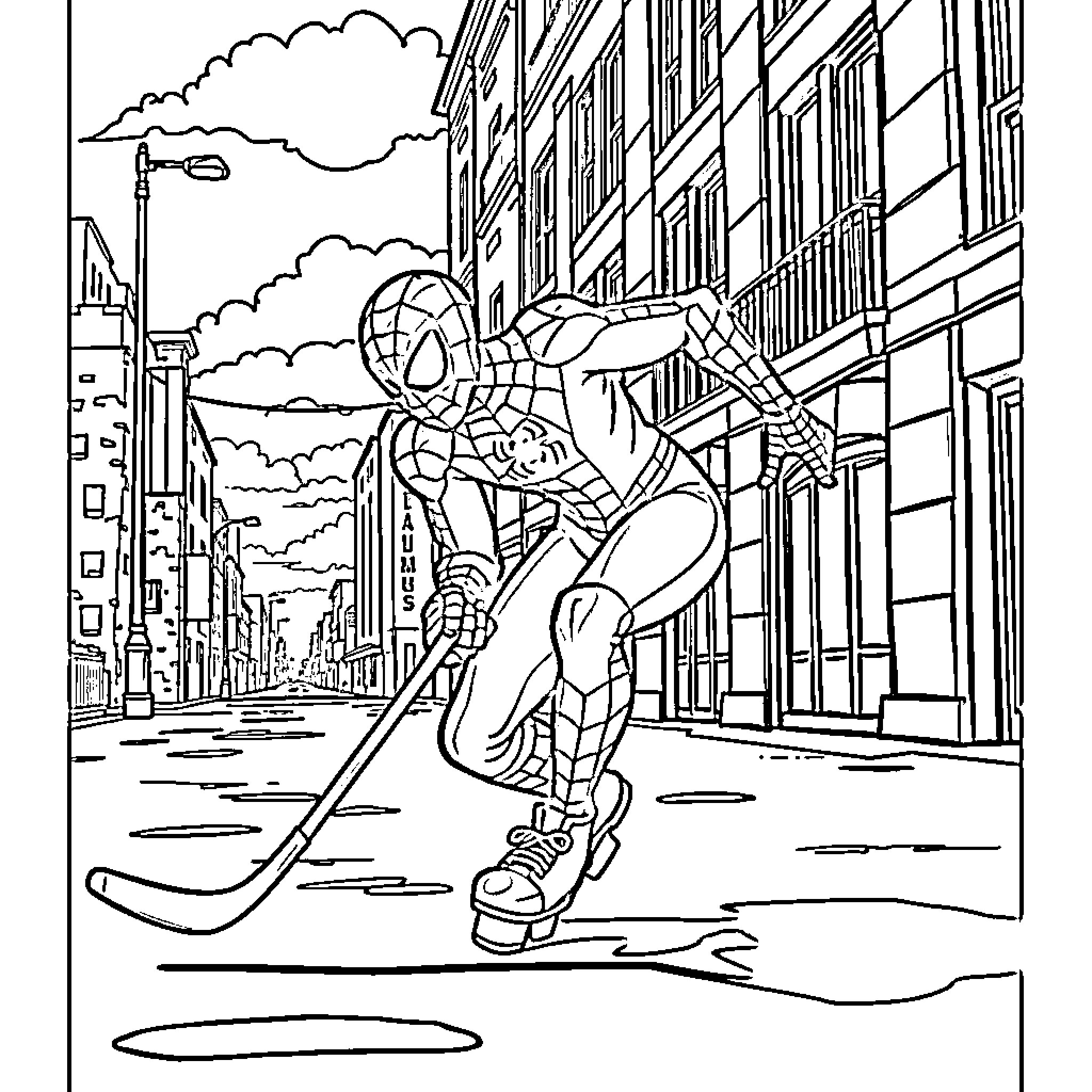 Spidey swinging through the city streets Coloring Page (free black-and-white line drawing printable PDF for all, from beginners to advanced learners, including children, teens, adults, and seniors)