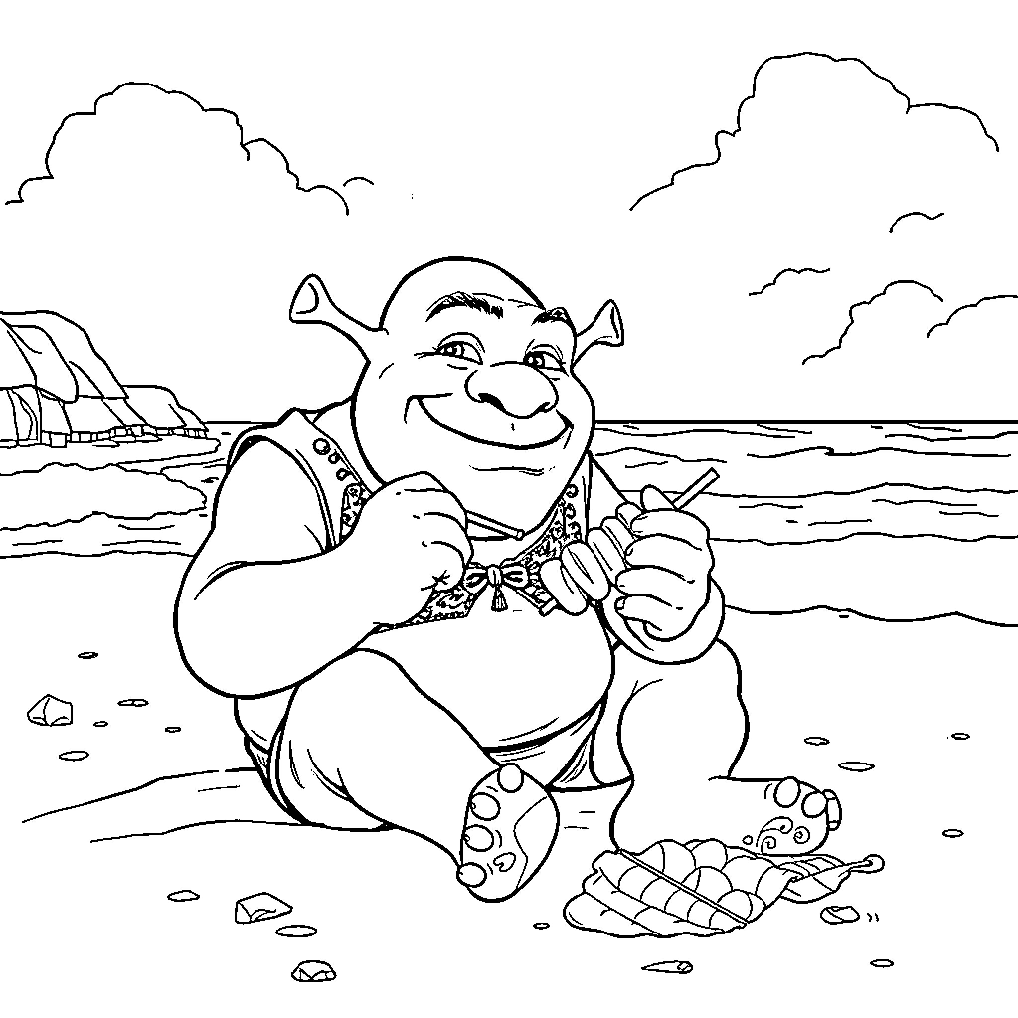 Shrek enjoying a day at the beach Coloring Page (free black-and-white line drawing printable PDF for all, from beginners to advanced learners, including children, teens, adults, and seniors)