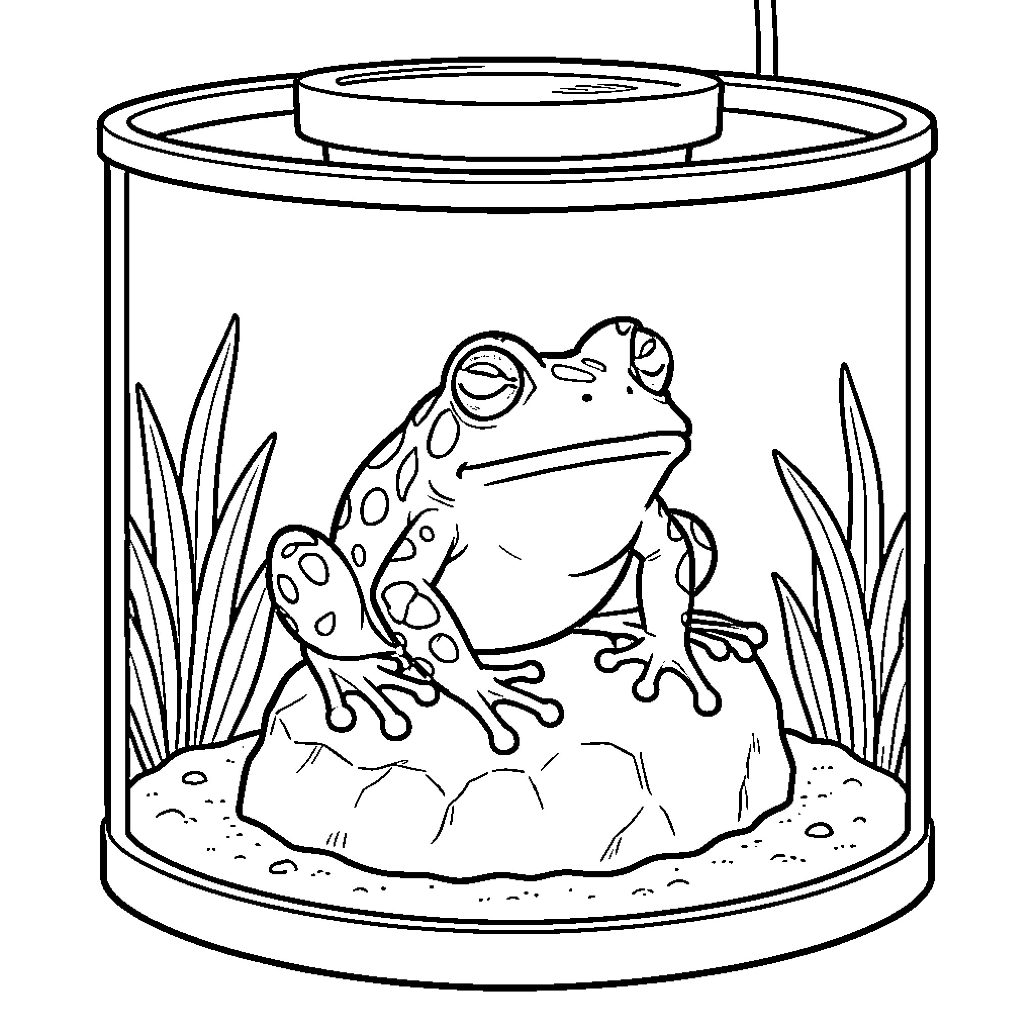 Pacman Frog sitting calmly on a rock inside a can Coloring Page (free black-and-white line drawing printable PDF for all, from beginners to advanced learners, including children, teens, adults, and seniors)