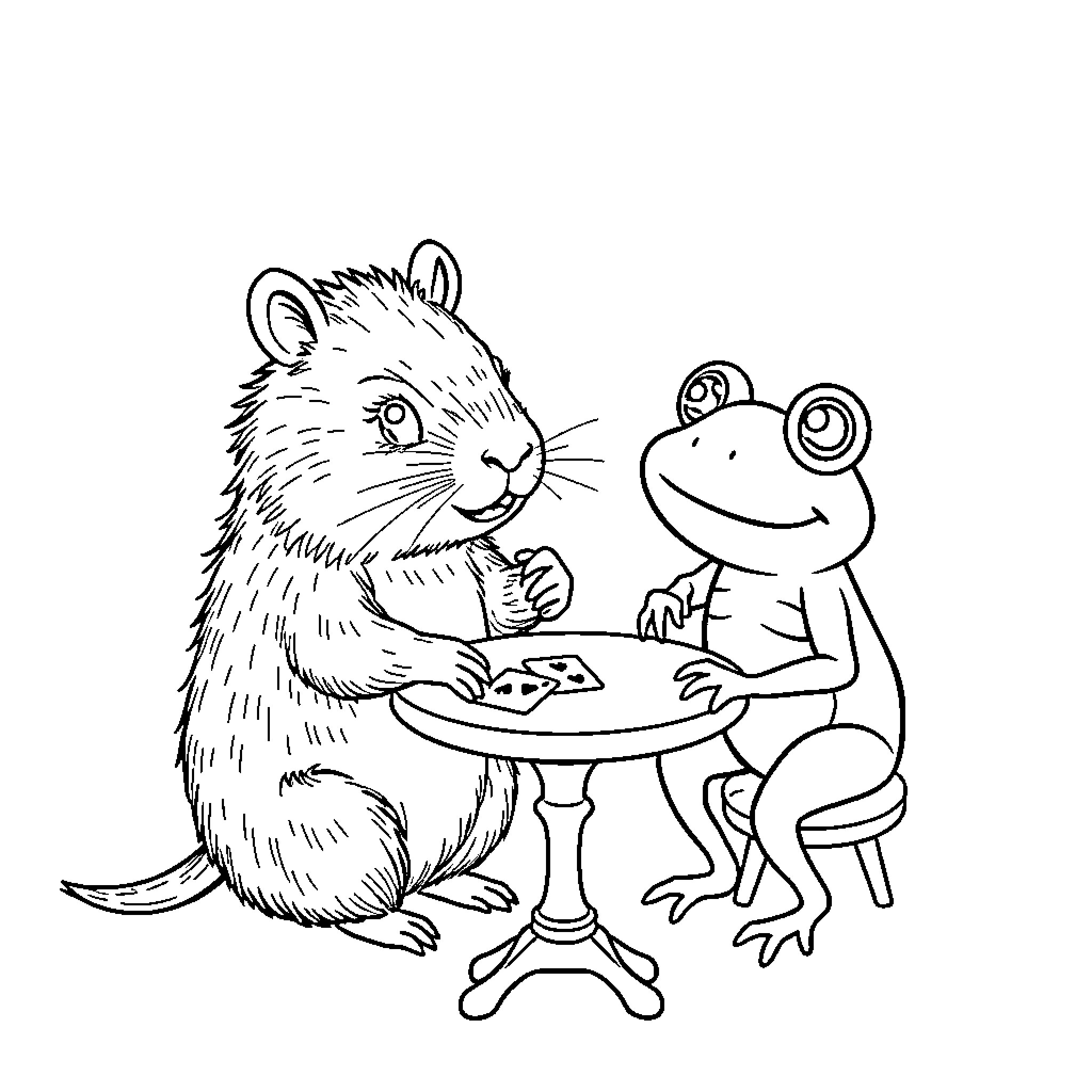 Capybara and Frog Enjoying Snacks Together Coloring Page (free black-and-white line drawing printable PDF for all, from beginners to advanced learners, including children, teens, adults, and seniors)