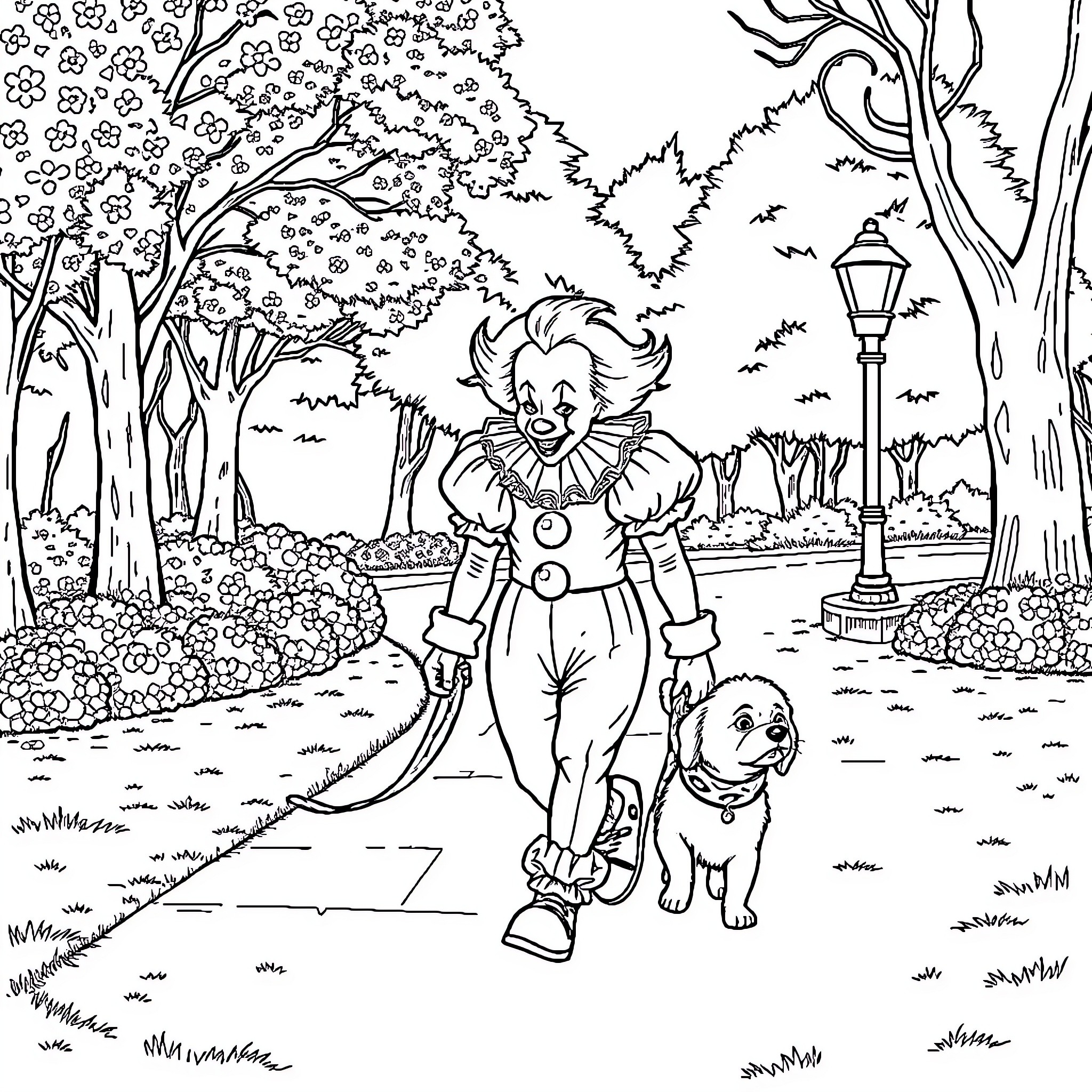 Pennywise the Clown's Spooky Stroll with a Furry Friend Coloring Page (free black-and-white line drawing printable PDF for all, from beginners to advanced learners, including children, teens, adults, and seniors)