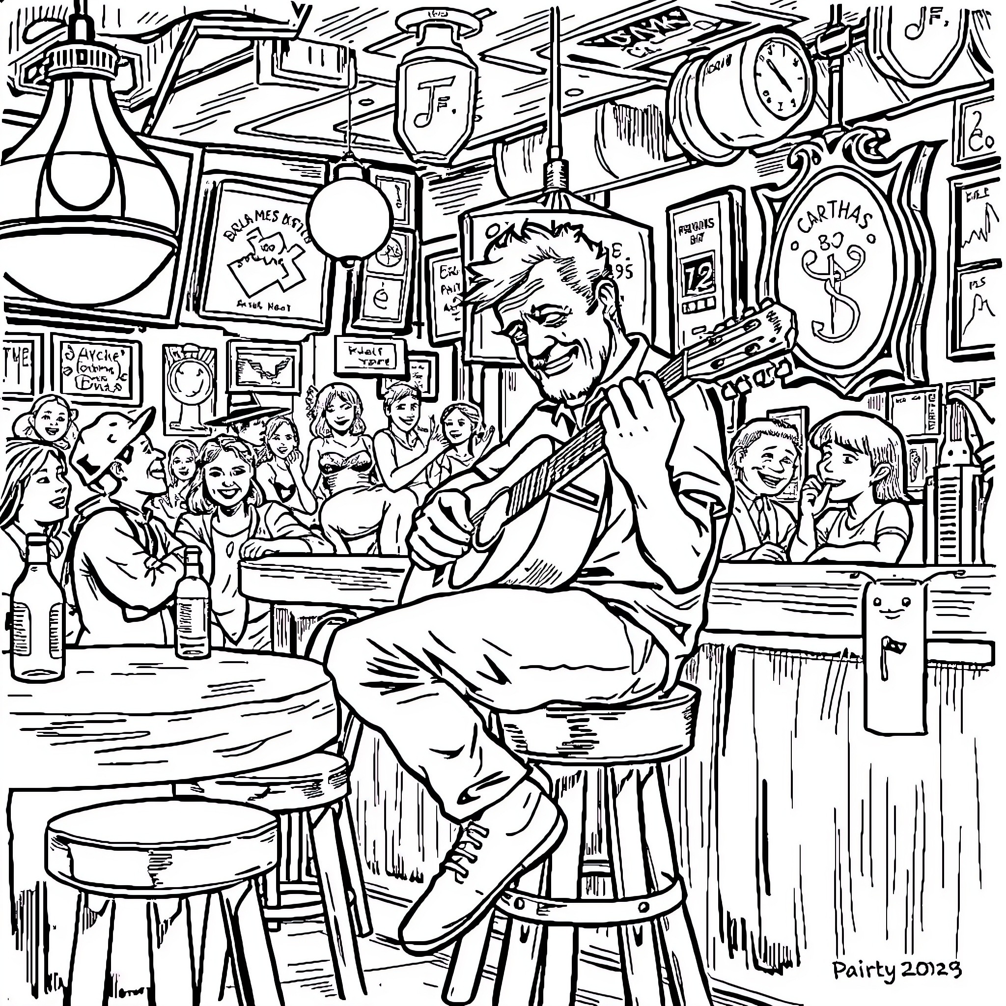 Guitar Player Entertaining Patrons in a Lively Establishment Coloring Page (free black-and-white line drawing printable PDF for all, from beginners to advanced learners, including children, teens, adults, and seniors)