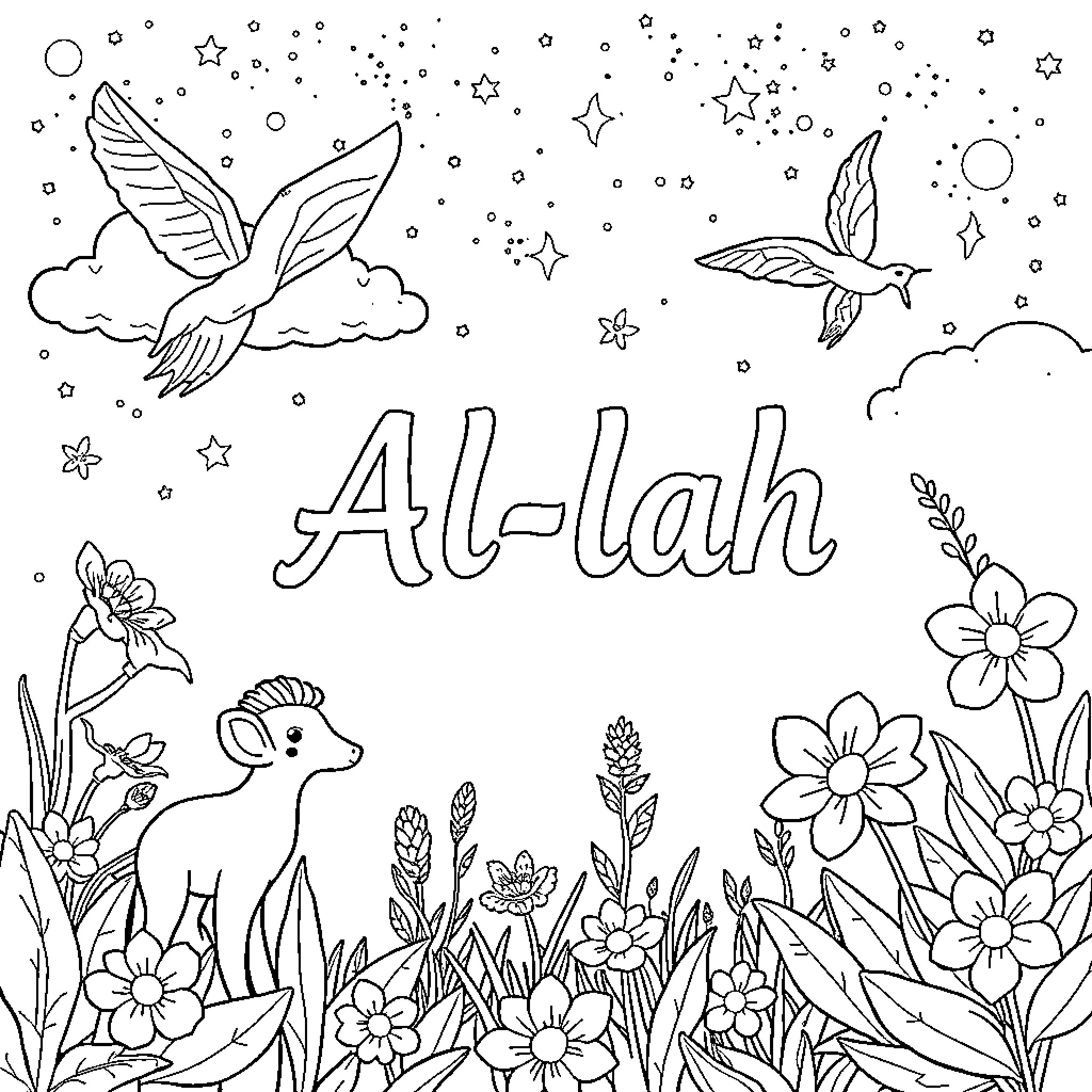 Allah's Peaceful Garden of Flowers and Wildlife Coloring Page (free black-and-white line drawing printable PDF for all, from beginners to advanced learners, including children, teens, adults, and seniors)