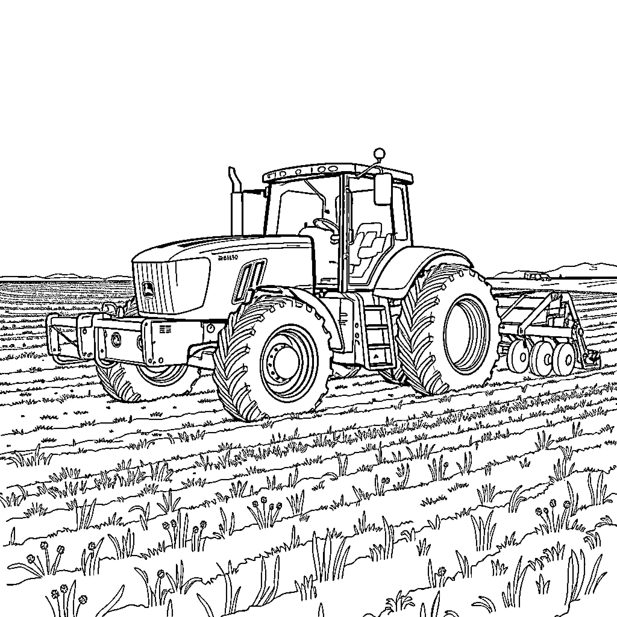 Tractor plowing a field with grass and vegetation Coloring Page (free black-and-white line drawing printable PDF for all, from beginners to advanced learners, including children, teens, adults, and seniors)