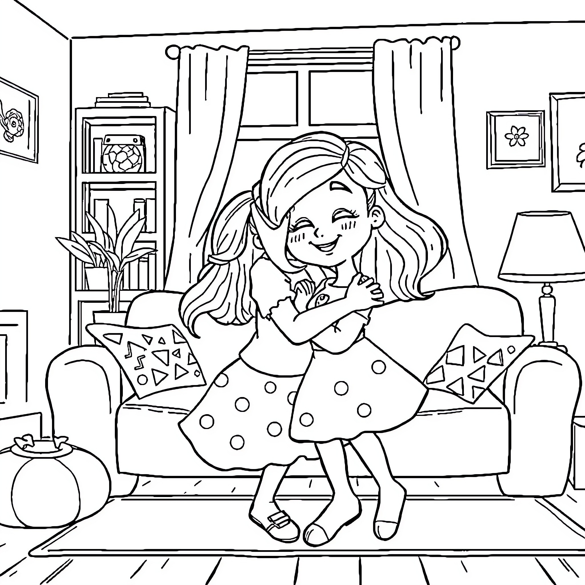 Bluey enjoying a cozy day at home Coloring Page (free black-and-white line drawing printable PDF for all, from beginners to advanced learners, including children, teens, adults, and seniors)