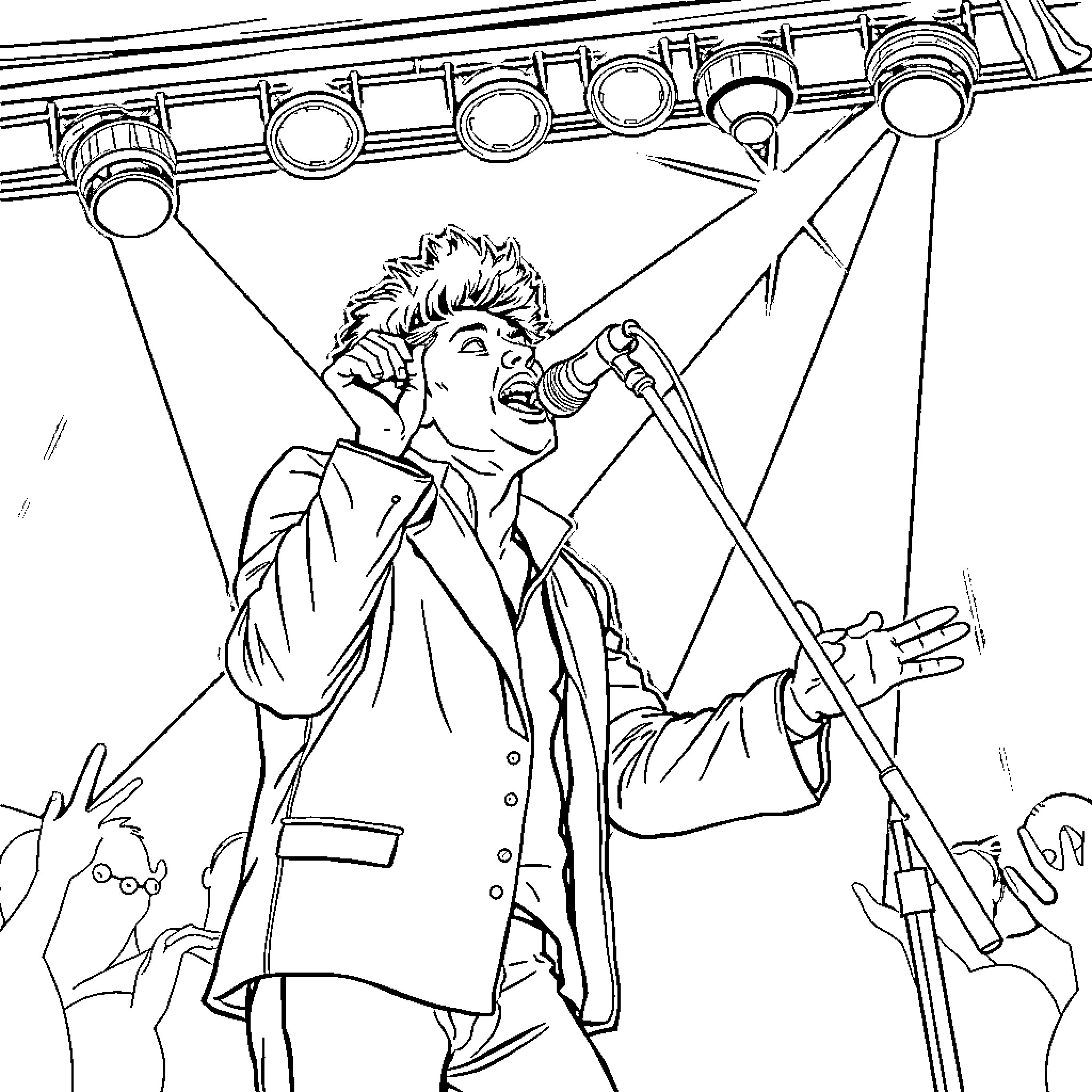 Huntrix Musician Performing on Stage Coloring Page (free black-and-white line drawing printable PDF for all, from beginners to advanced learners, including children, teens, adults, and seniors)