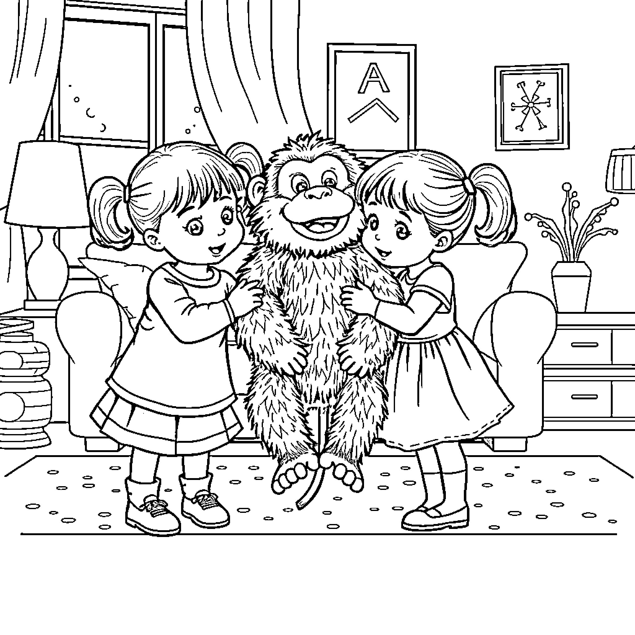 Girls playing with a furry creature in a room Coloring Page (free black-and-white line drawing printable PDF for all, from beginners to advanced learners, including children, teens, adults, and seniors)
