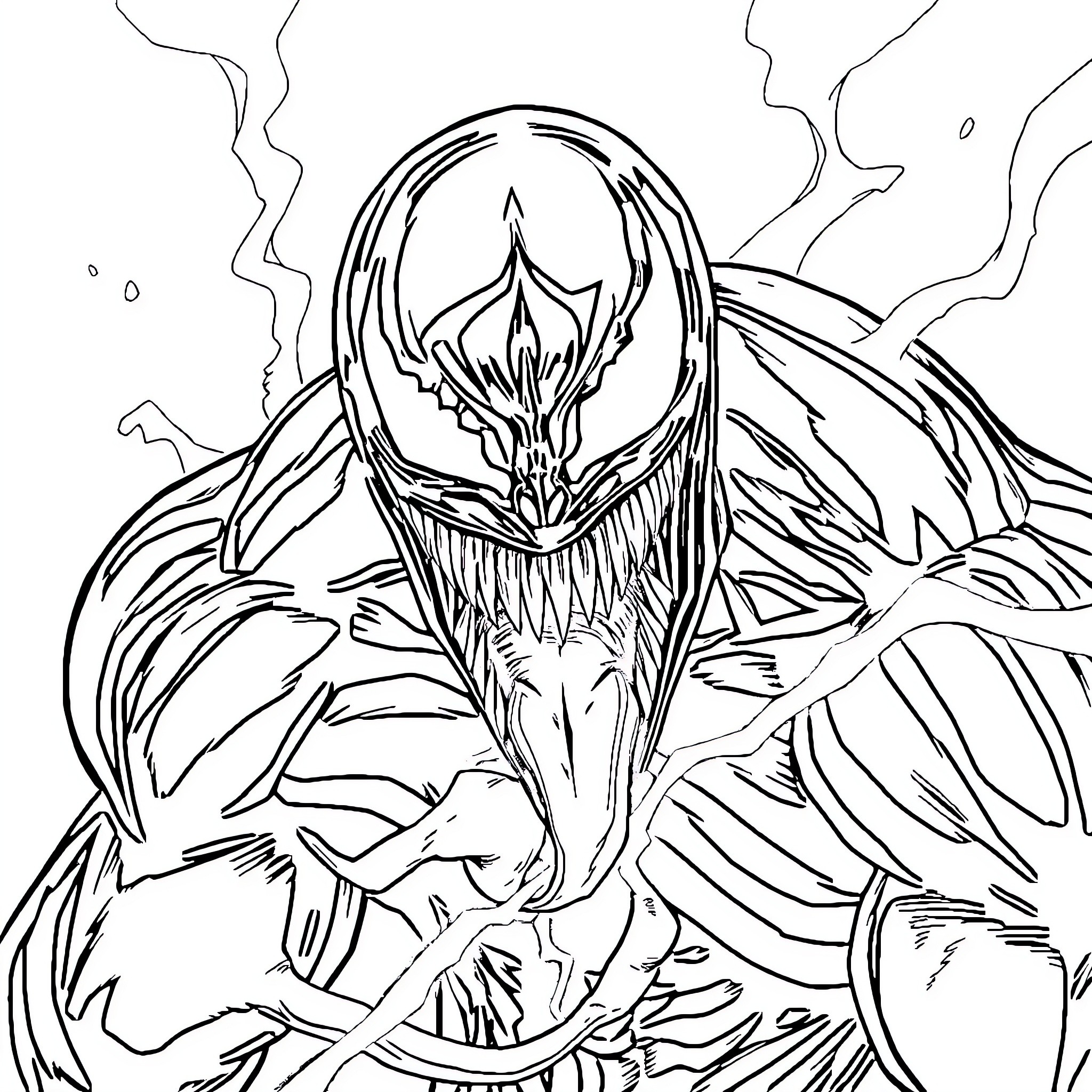 Venom, the Symbiotic Antagonist Unleashed Coloring Page (free black-and-white line drawing printable PDF for all, from beginners to advanced learners, including children, teens, adults, and seniors)