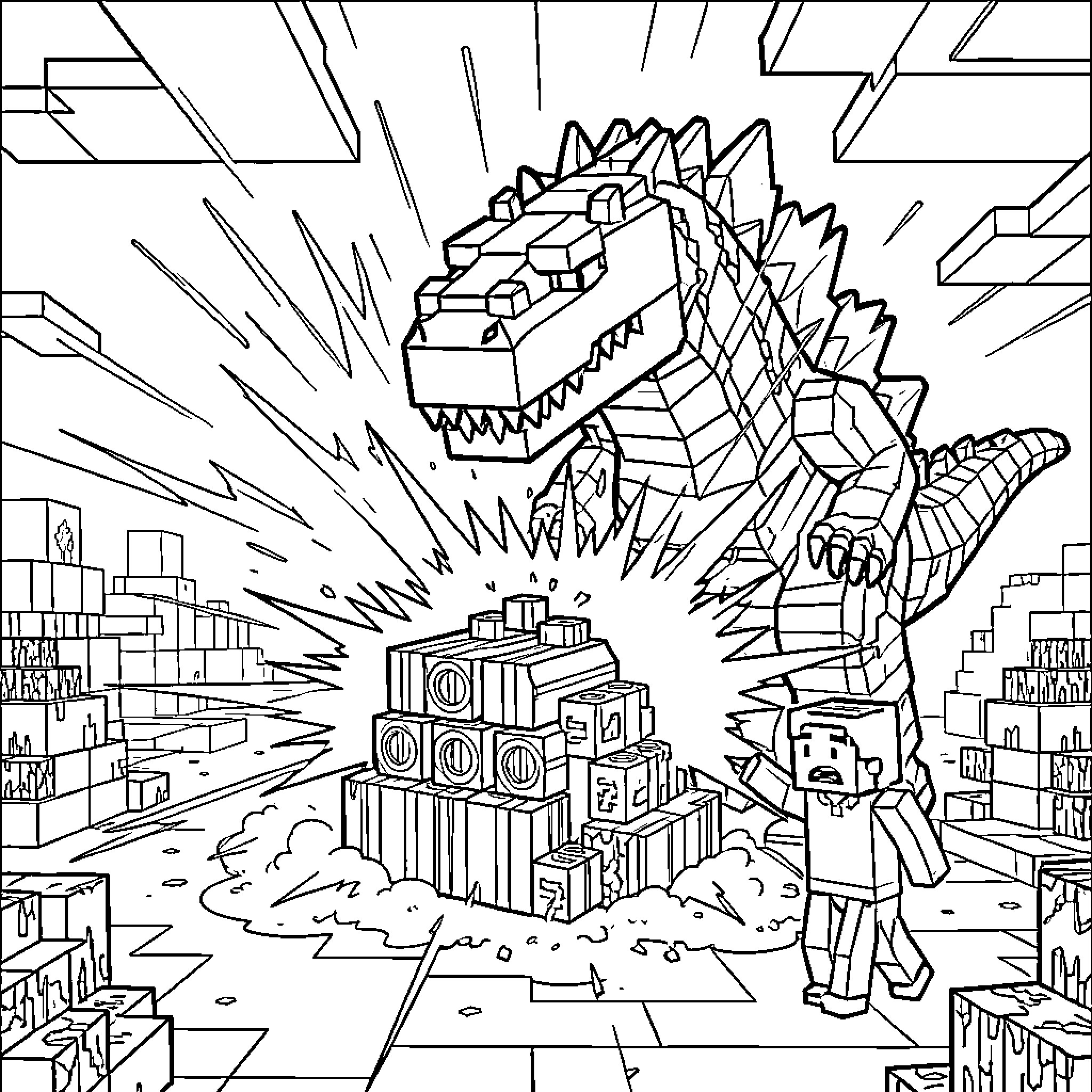 Godzilla rampaging through the city Coloring Page (free black-and-white line drawing printable PDF for all, from beginners to advanced learners, including children, teens, adults, and seniors)