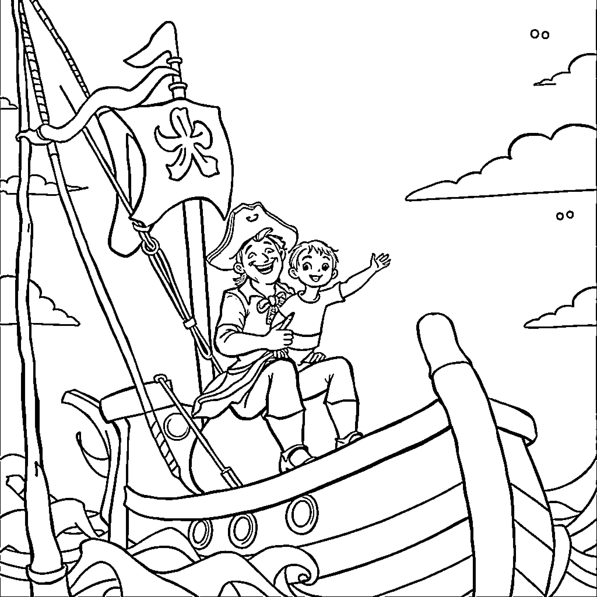 Pirate Ship Adventure with Young Captains Coloring Page (free black-and-white line drawing printable PDF for all, from beginners to advanced learners, including children, teens, adults, and seniors)