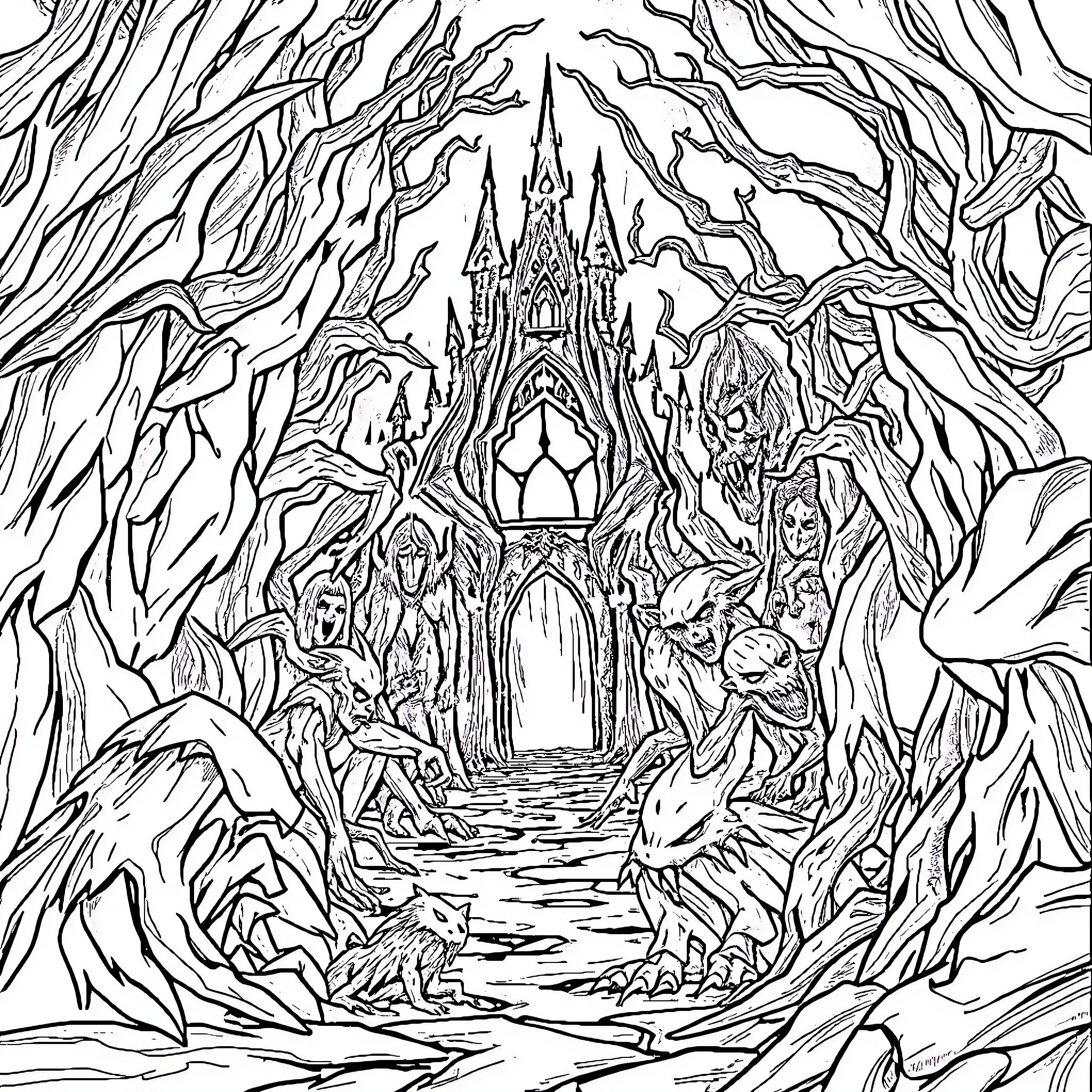 EvilWorld Castle of Darkness and Despair Coloring Page (free black-and-white line drawing printable PDF for all, from beginners to advanced learners, including children, teens, adults, and seniors)