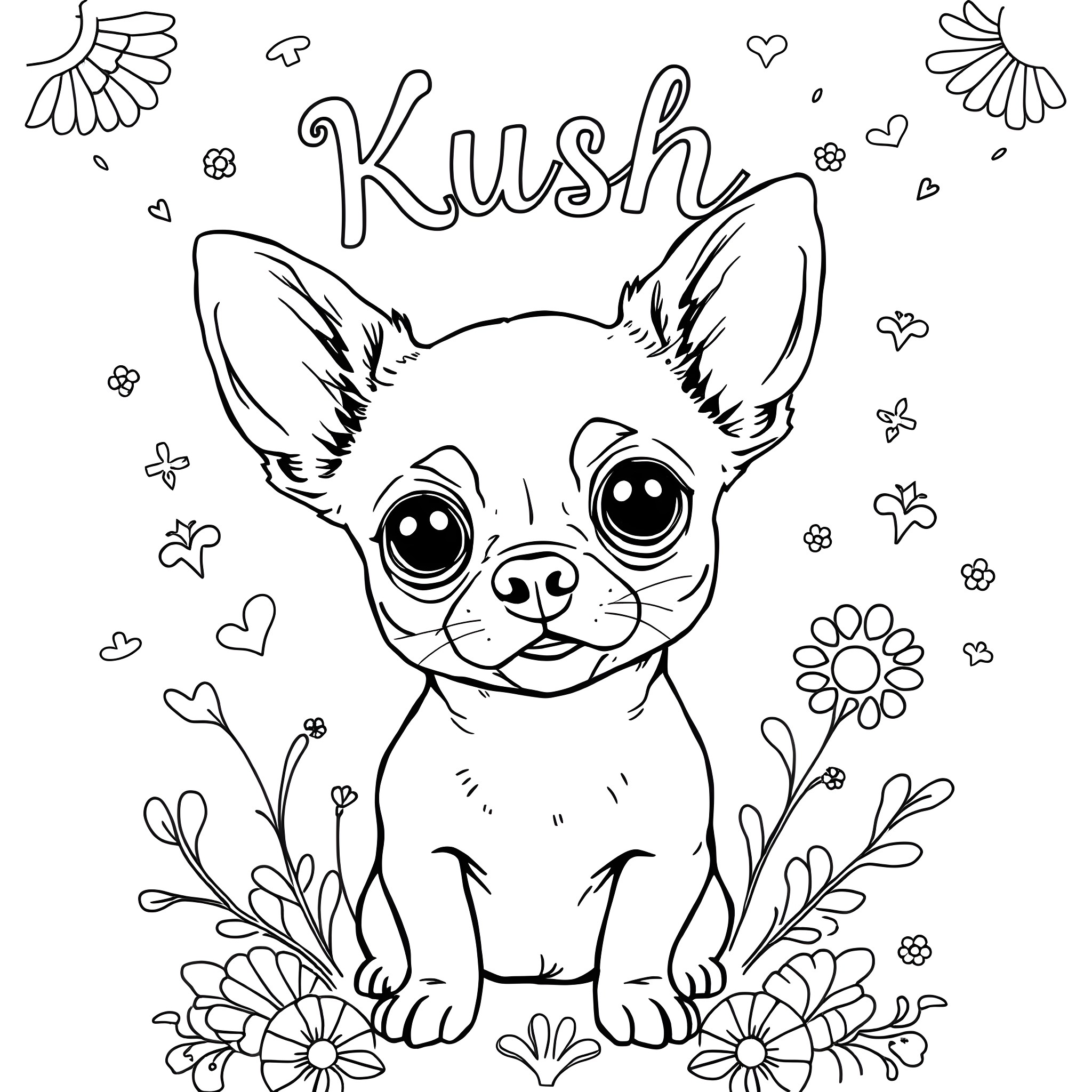 Chihuahua puppy surrounded by flowers and hearts Coloring Page (free black-and-white line drawing printable PDF for all, from beginners to advanced learners, including children, teens, adults, and seniors)